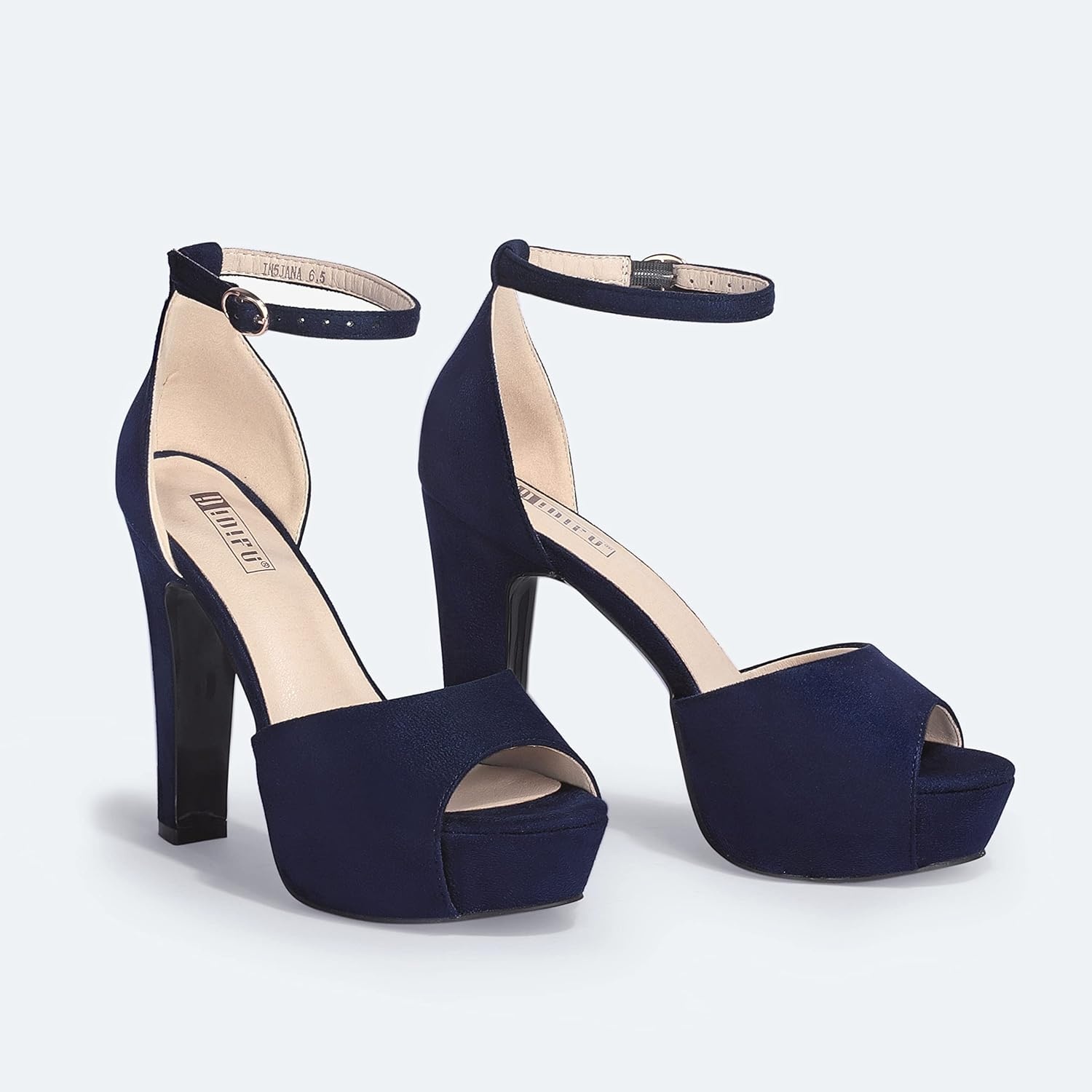 image:imageIDIFU Womens Platform Chunky High Heels Dress Sandals Peep Toe Ankle Strap Wedding Party Evening Shoes for Women BrideBlue Suede