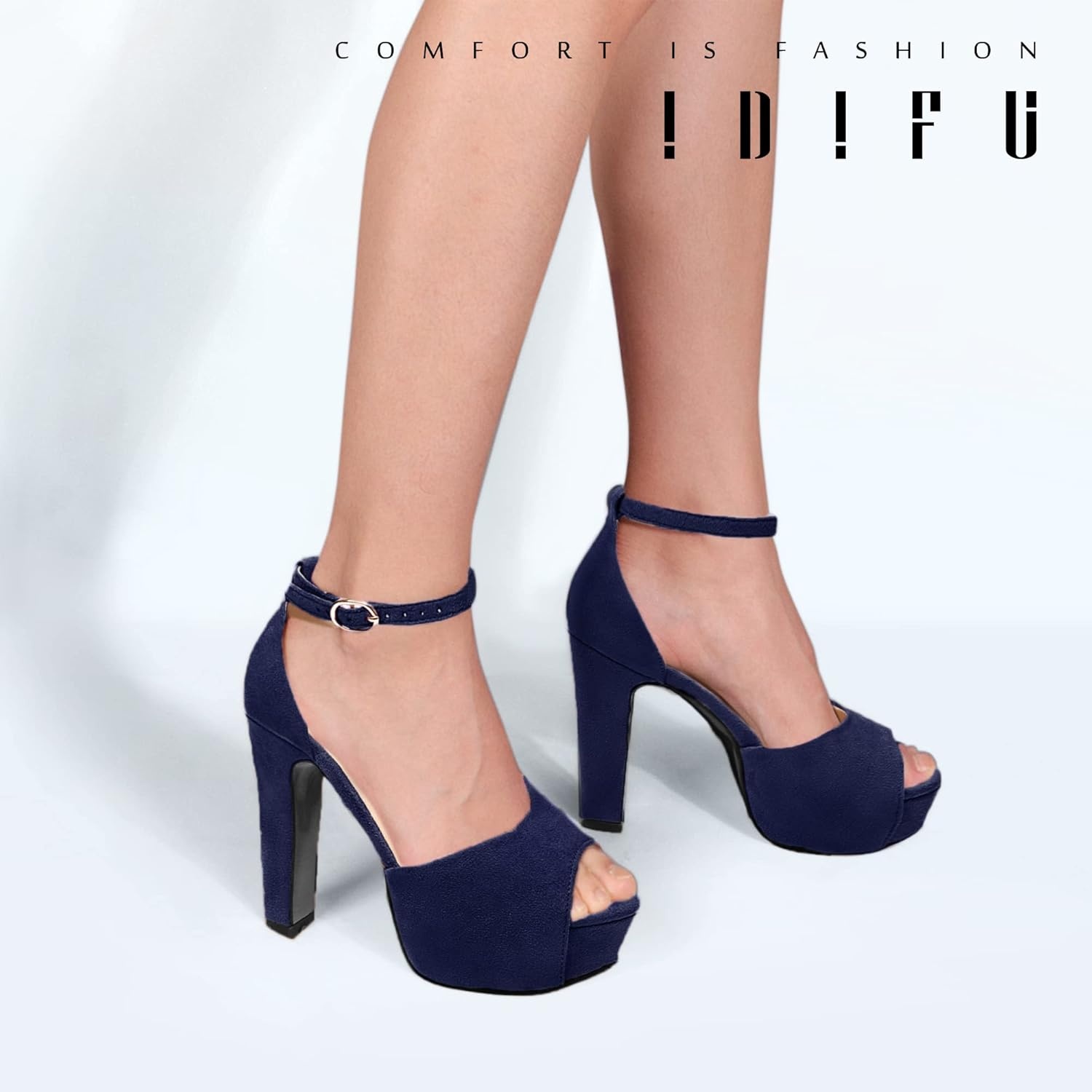 image:imageIDIFU Womens Platform Chunky High Heels Dress Sandals Peep Toe Ankle Strap Wedding Party Evening Shoes for Women BrideBlue Suede