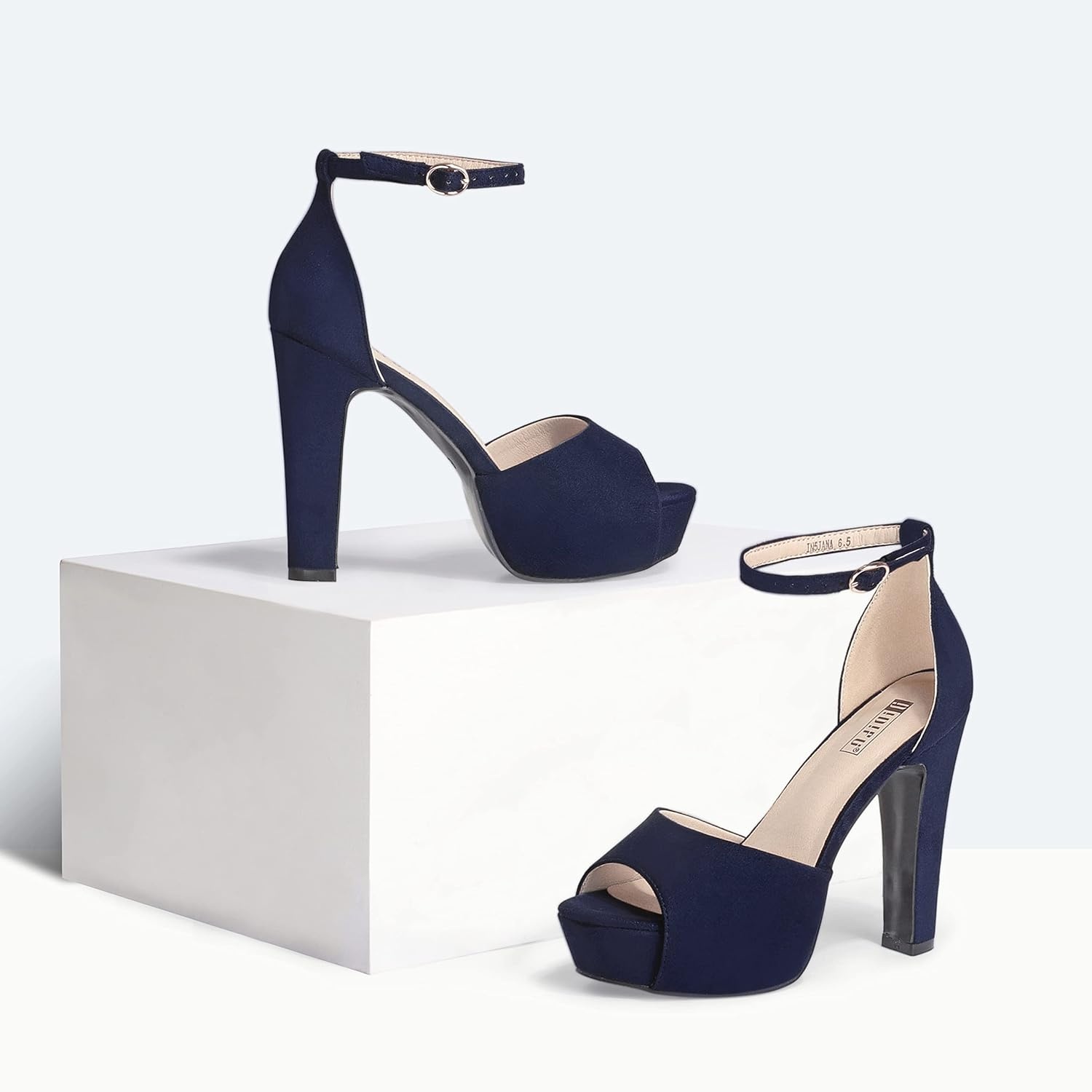 image:imageIDIFU Womens Platform Chunky High Heels Dress Sandals Peep Toe Ankle Strap Wedding Party Evening Shoes for Women BrideBlue Suede