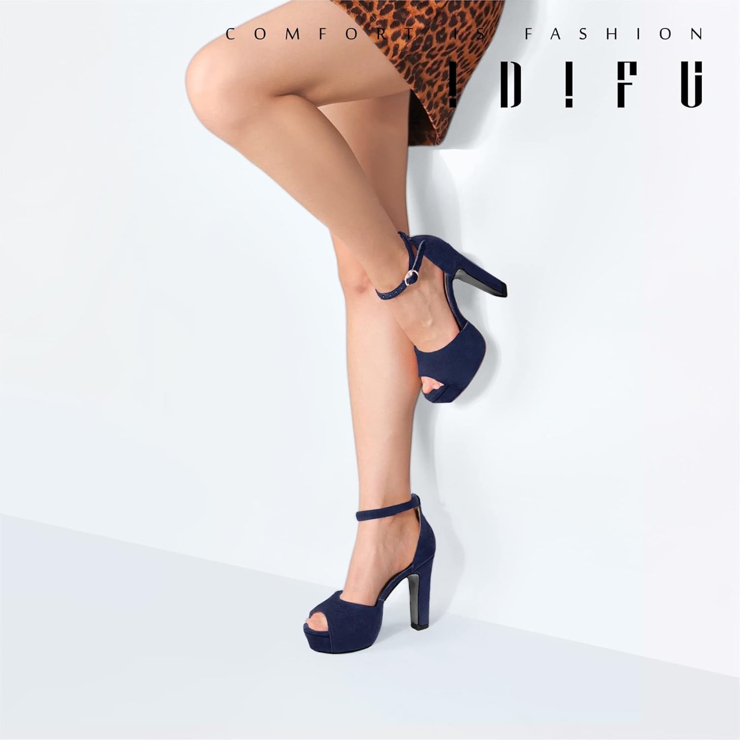 image:imageIDIFU Womens Platform Chunky High Heels Dress Sandals Peep Toe Ankle Strap Wedding Party Evening Shoes for Women BrideBlue Suede