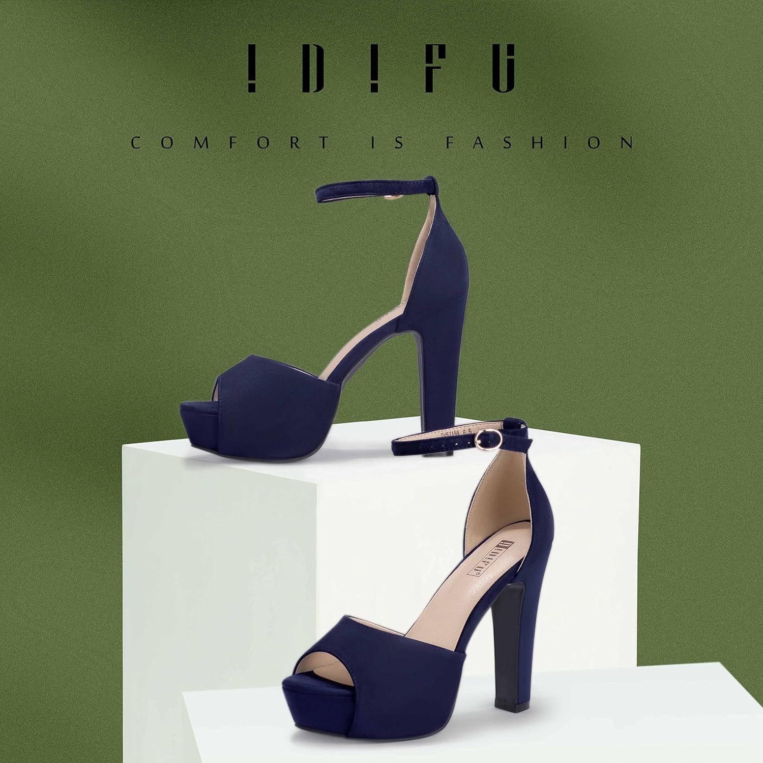 image:imageIDIFU Womens Platform Chunky High Heels Dress Sandals Peep Toe Ankle Strap Wedding Party Evening Shoes for Women BrideBlue Suede