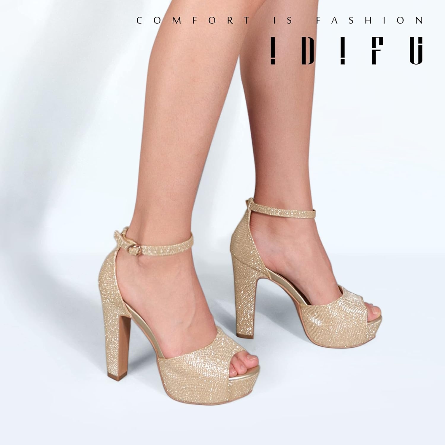 image:imageIDIFU Womens Platform Chunky High Heels Dress Sandals Peep Toe Ankle Strap Wedding Party Evening Shoes for Women BrideGold Glitter