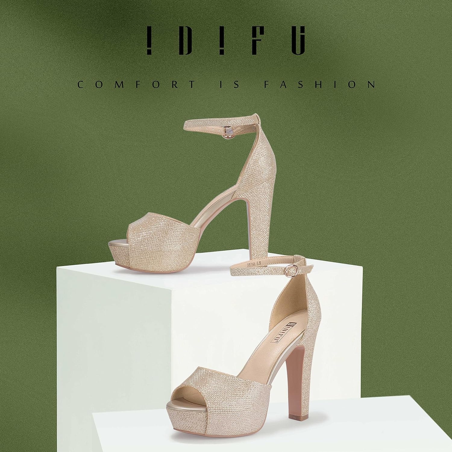 image:imageIDIFU Womens Platform Chunky High Heels Dress Sandals Peep Toe Ankle Strap Wedding Party Evening Shoes for Women BrideGold Glitter