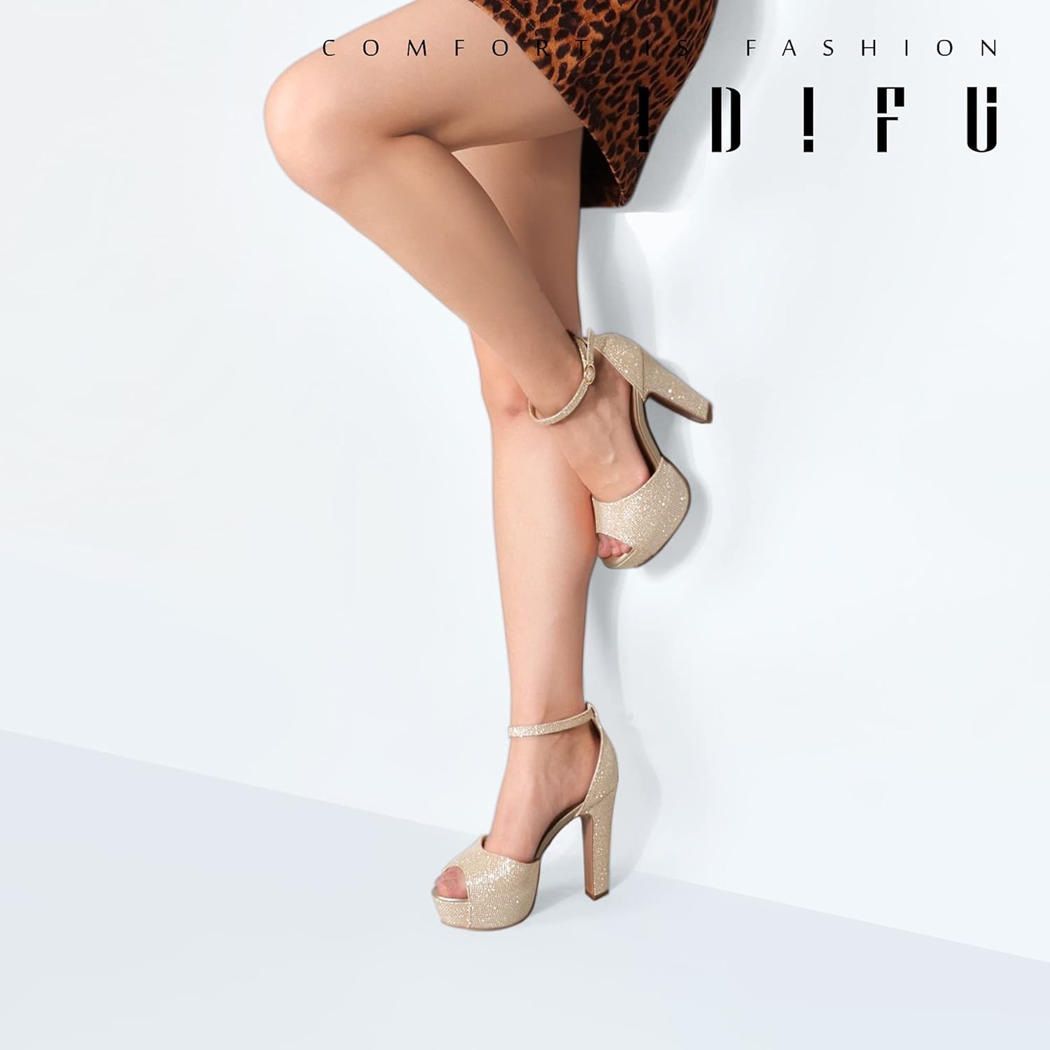 image:imageIDIFU Womens Platform Chunky High Heels Dress Sandals Peep Toe Ankle Strap Wedding Party Evening Shoes for Women BrideGold Glitter