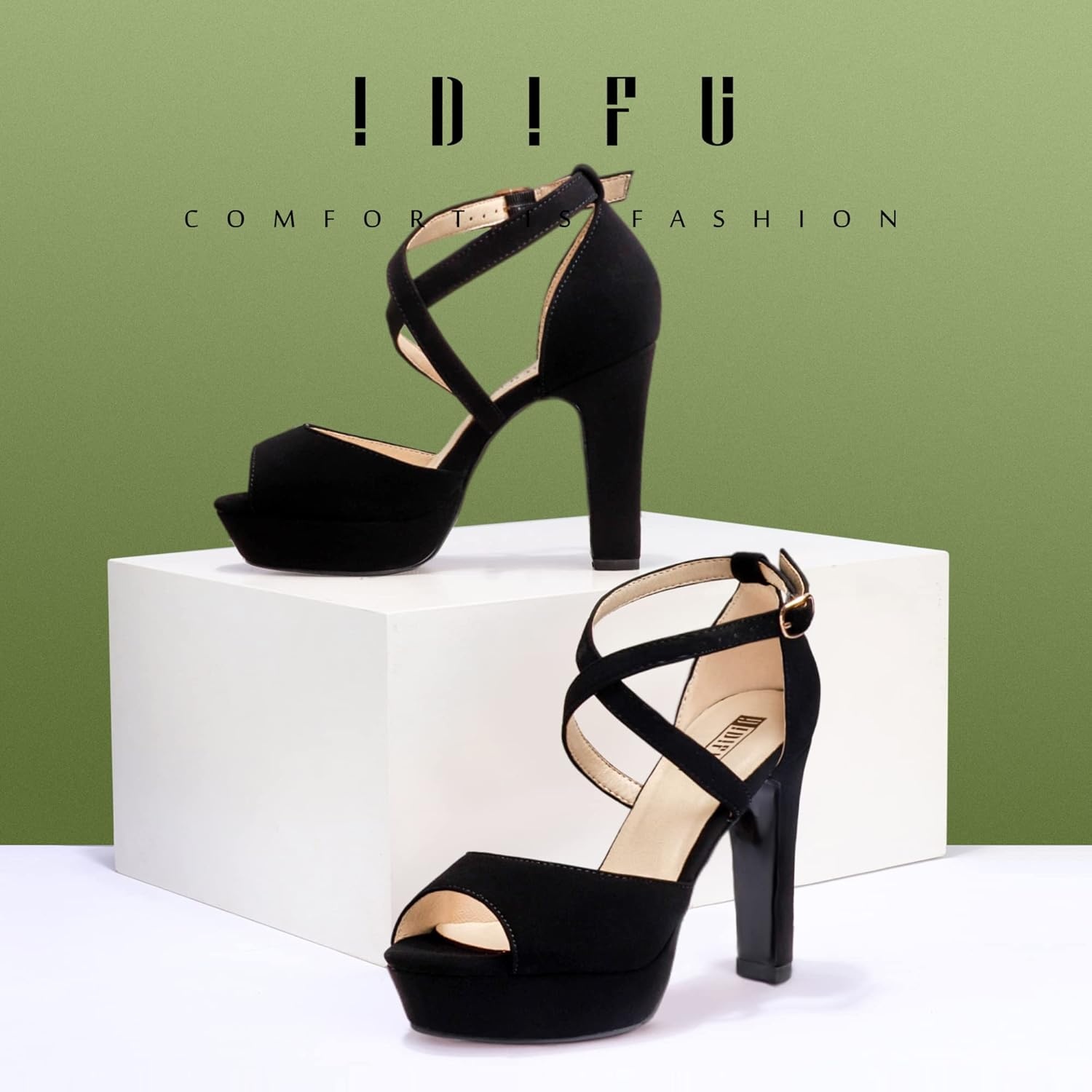 image:imageIDIFU Womens Platform Chunky High Heels Dress Sandals Peep Toe Ankle Strap Wedding Party Evening Shoes for Women BrideK Black Nubuck