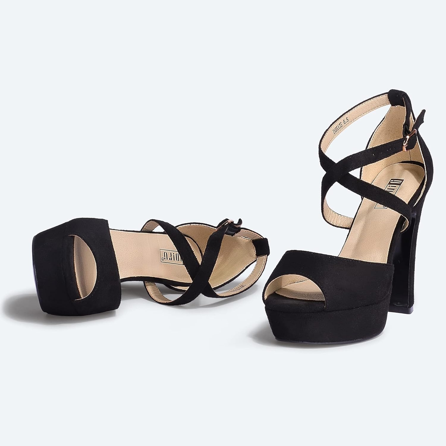 image:imageIDIFU Womens Platform Chunky High Heels Dress Sandals Peep Toe Ankle Strap Wedding Party Evening Shoes for Women BrideK Black Suede