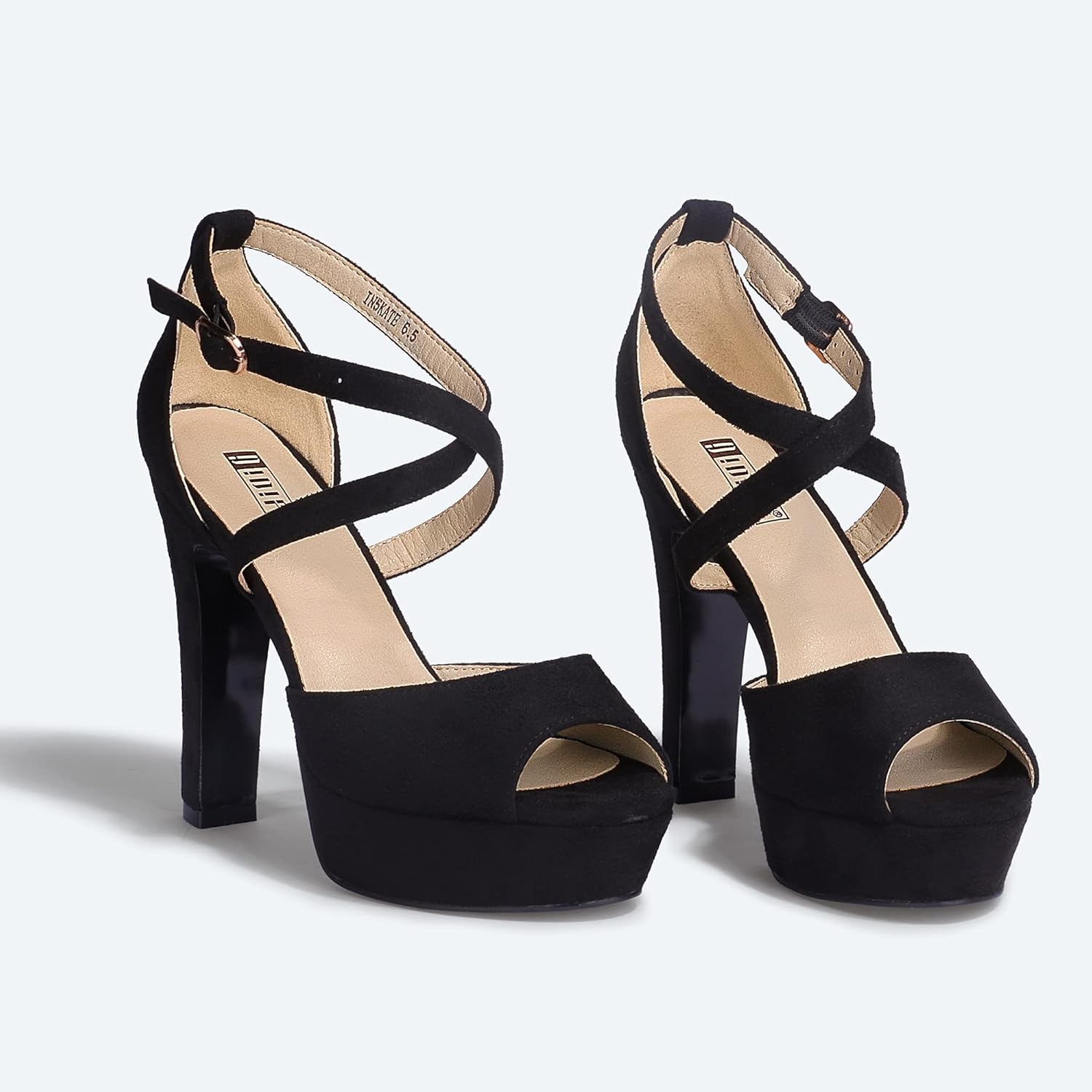 image:imageIDIFU Womens Platform Chunky High Heels Dress Sandals Peep Toe Ankle Strap Wedding Party Evening Shoes for Women BrideK Black Suede