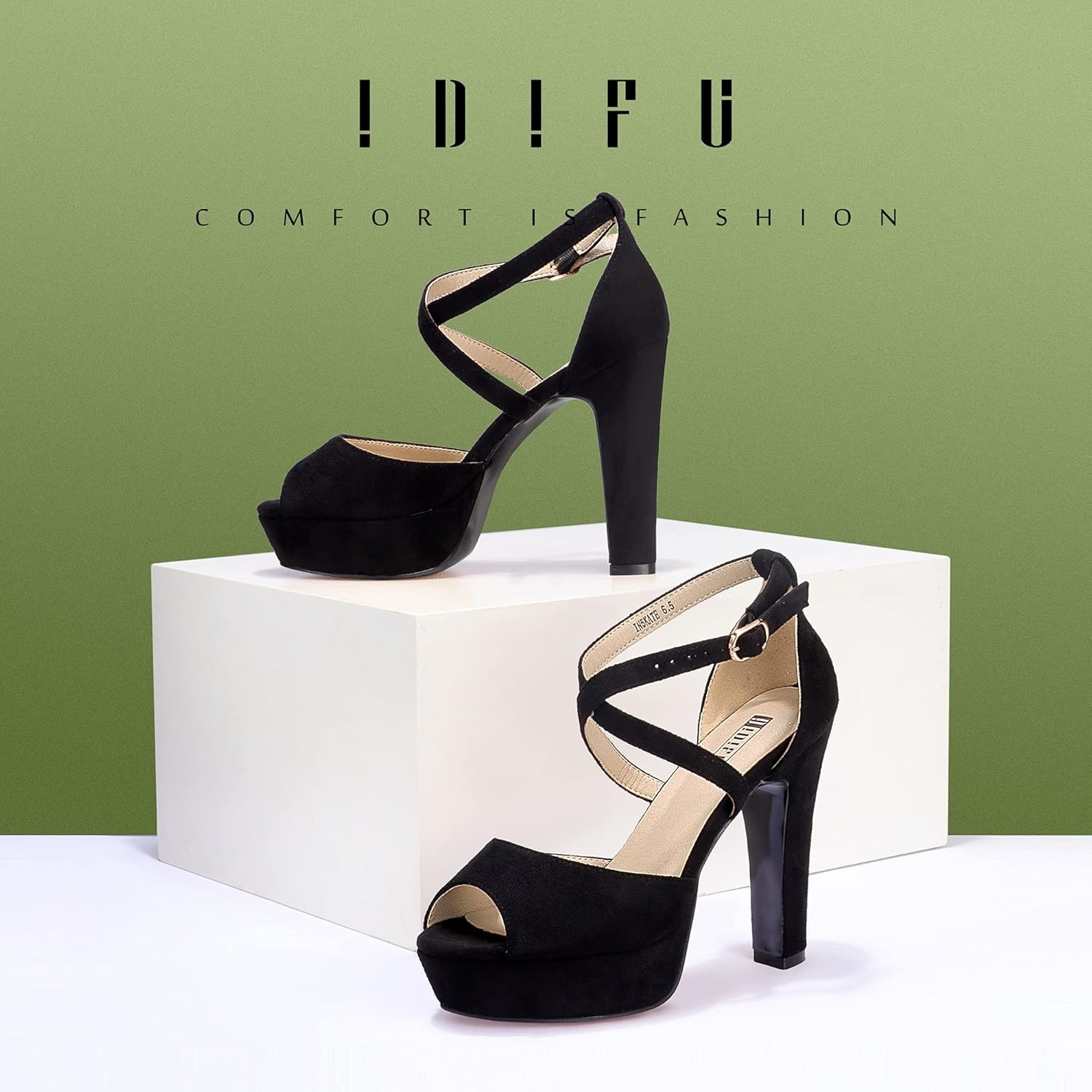 image:imageIDIFU Womens Platform Chunky High Heels Dress Sandals Peep Toe Ankle Strap Wedding Party Evening Shoes for Women BrideK Black Suede