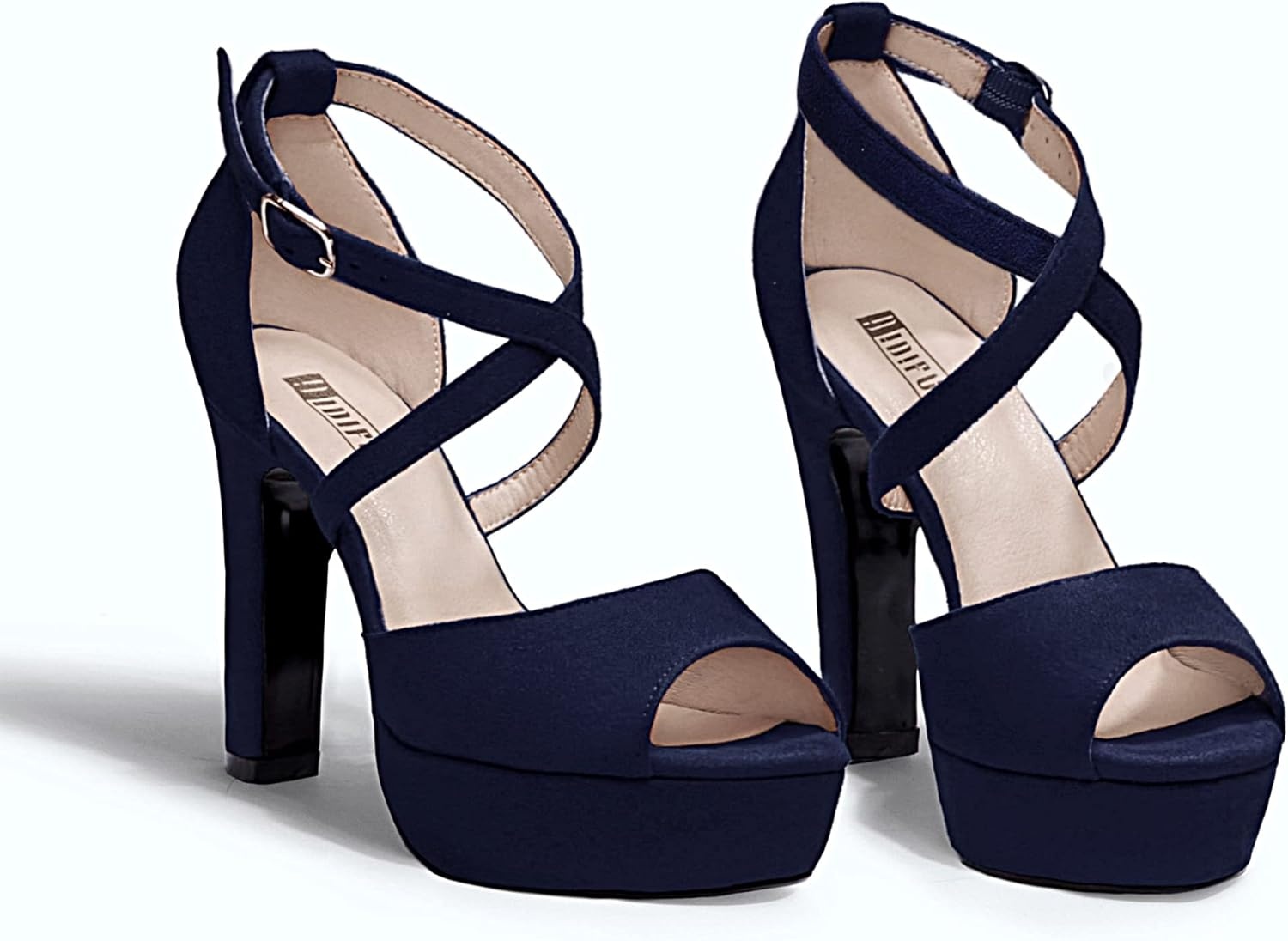 image:imageIDIFU Womens Platform Chunky High Heels Dress Sandals Peep Toe Ankle Strap Wedding Party Evening Shoes for Women BrideK Blue Suede