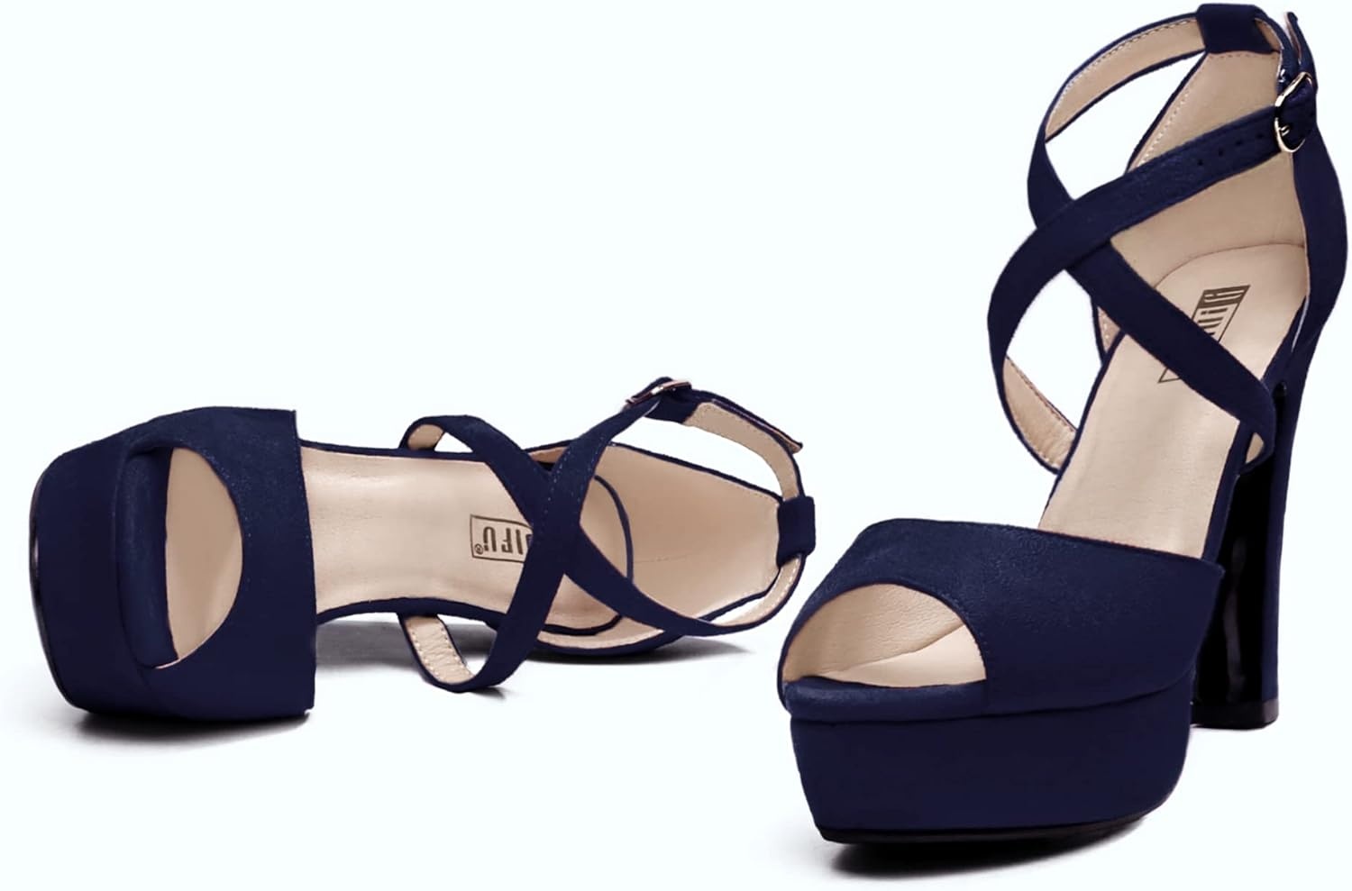 image:imageIDIFU Womens Platform Chunky High Heels Dress Sandals Peep Toe Ankle Strap Wedding Party Evening Shoes for Women BrideK Blue Suede