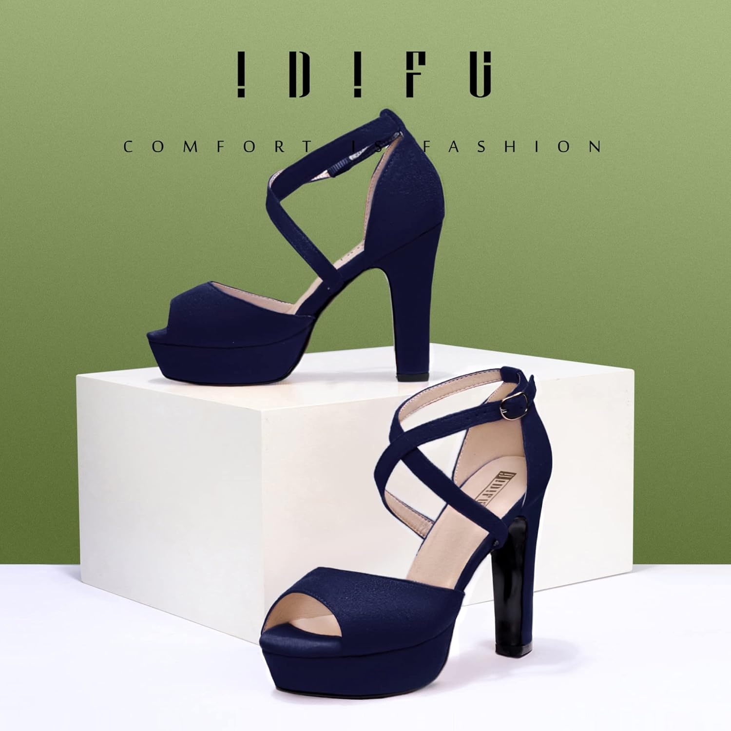image:imageIDIFU Womens Platform Chunky High Heels Dress Sandals Peep Toe Ankle Strap Wedding Party Evening Shoes for Women BrideK Blue Suede