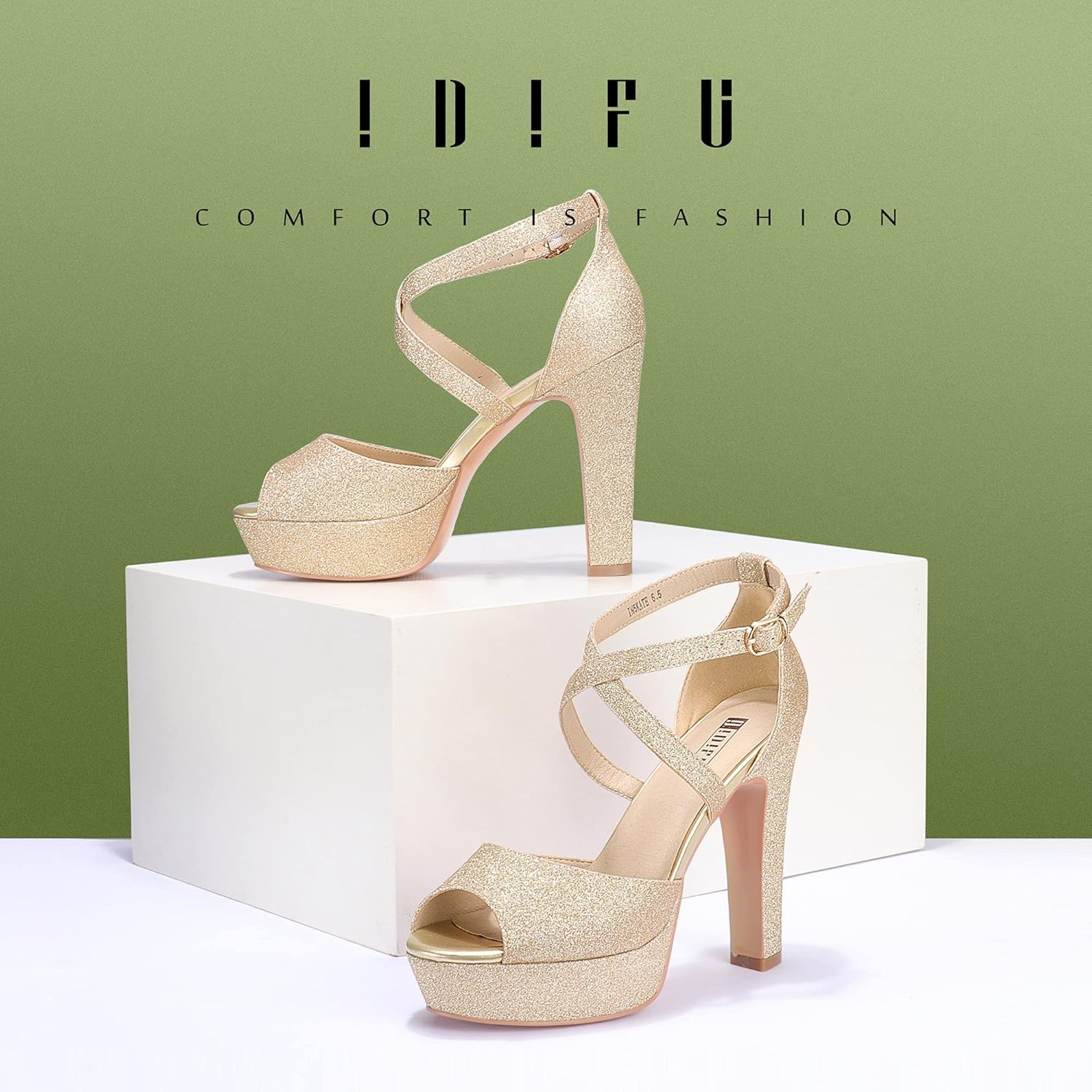 image:imageIDIFU Womens Platform Chunky High Heels Dress Sandals Peep Toe Ankle Strap Wedding Party Evening Shoes for Women BrideK Gold Shiny