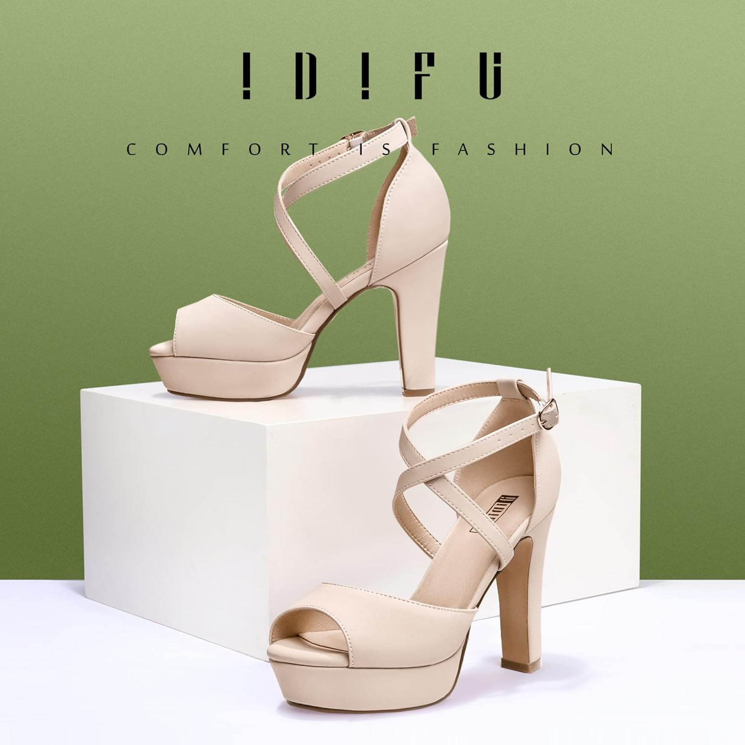 image:imageIDIFU Womens Platform Chunky High Heels Dress Sandals Peep Toe Ankle Strap Wedding Party Evening Shoes for Women BrideK Nude Nubuck