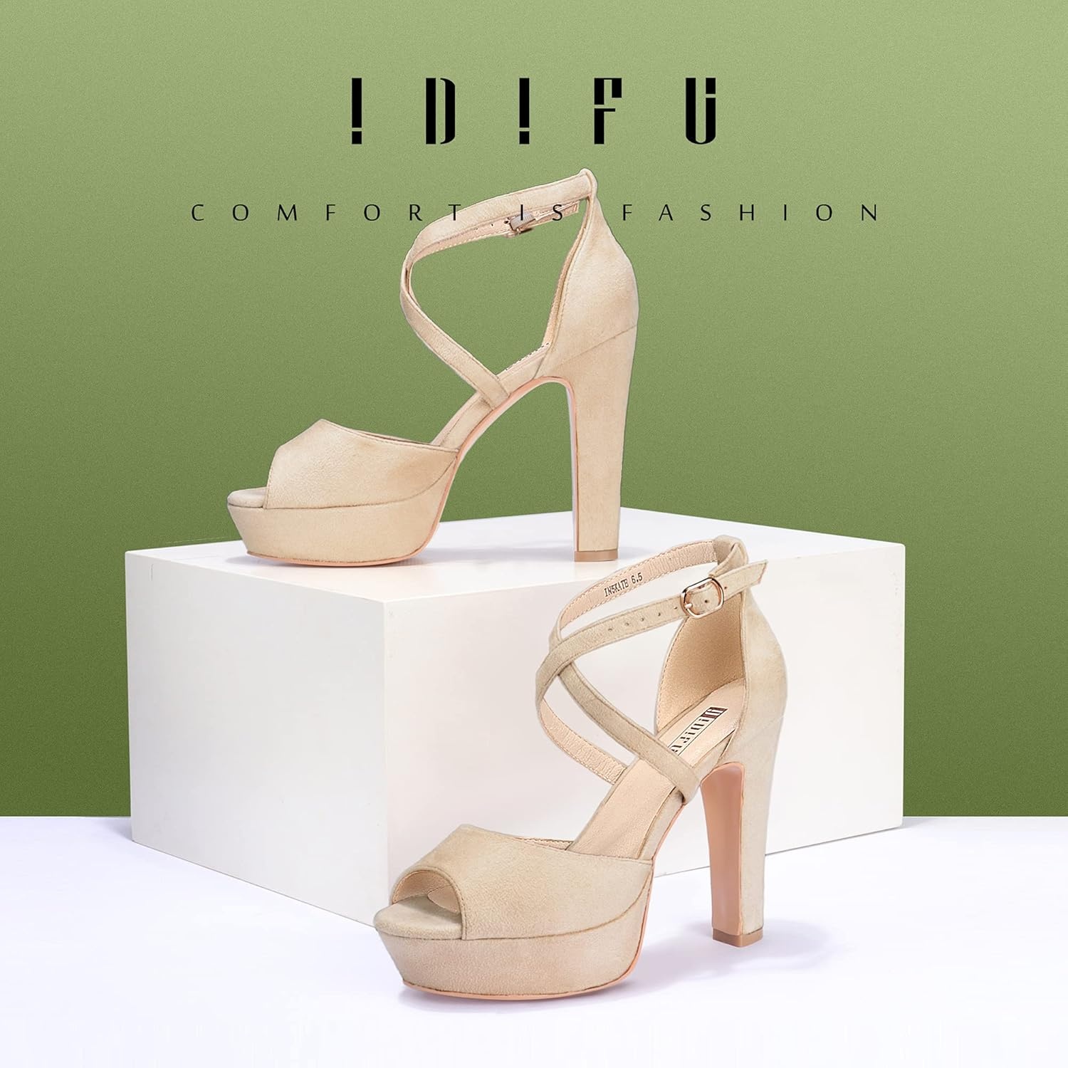image:imageIDIFU Womens Platform Chunky High Heels Dress Sandals Peep Toe Ankle Strap Wedding Party Evening Shoes for Women BrideK Nude Suede
