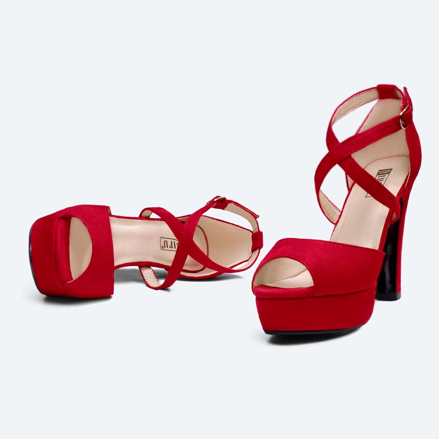 image:imageIDIFU Womens Platform Chunky High Heels Dress Sandals Peep Toe Ankle Strap Wedding Party Evening Shoes for Women BrideK Red Suede