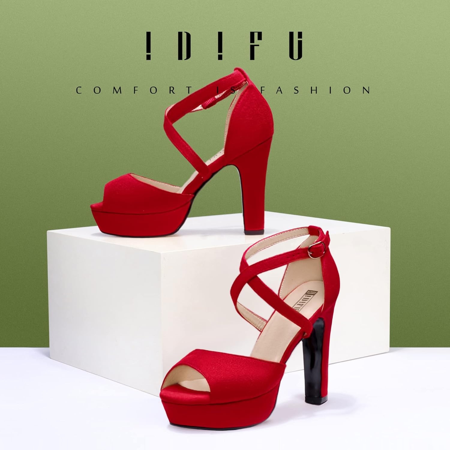 image:imageIDIFU Womens Platform Chunky High Heels Dress Sandals Peep Toe Ankle Strap Wedding Party Evening Shoes for Women BrideK Red Suede