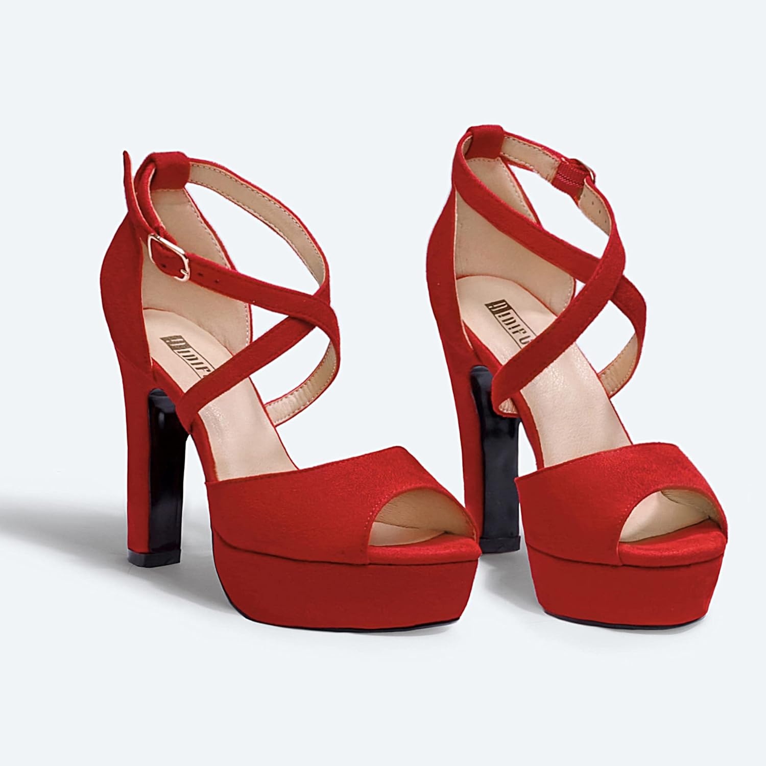 image:imageIDIFU Womens Platform Chunky High Heels Dress Sandals Peep Toe Ankle Strap Wedding Party Evening Shoes for Women BrideK Red Suede
