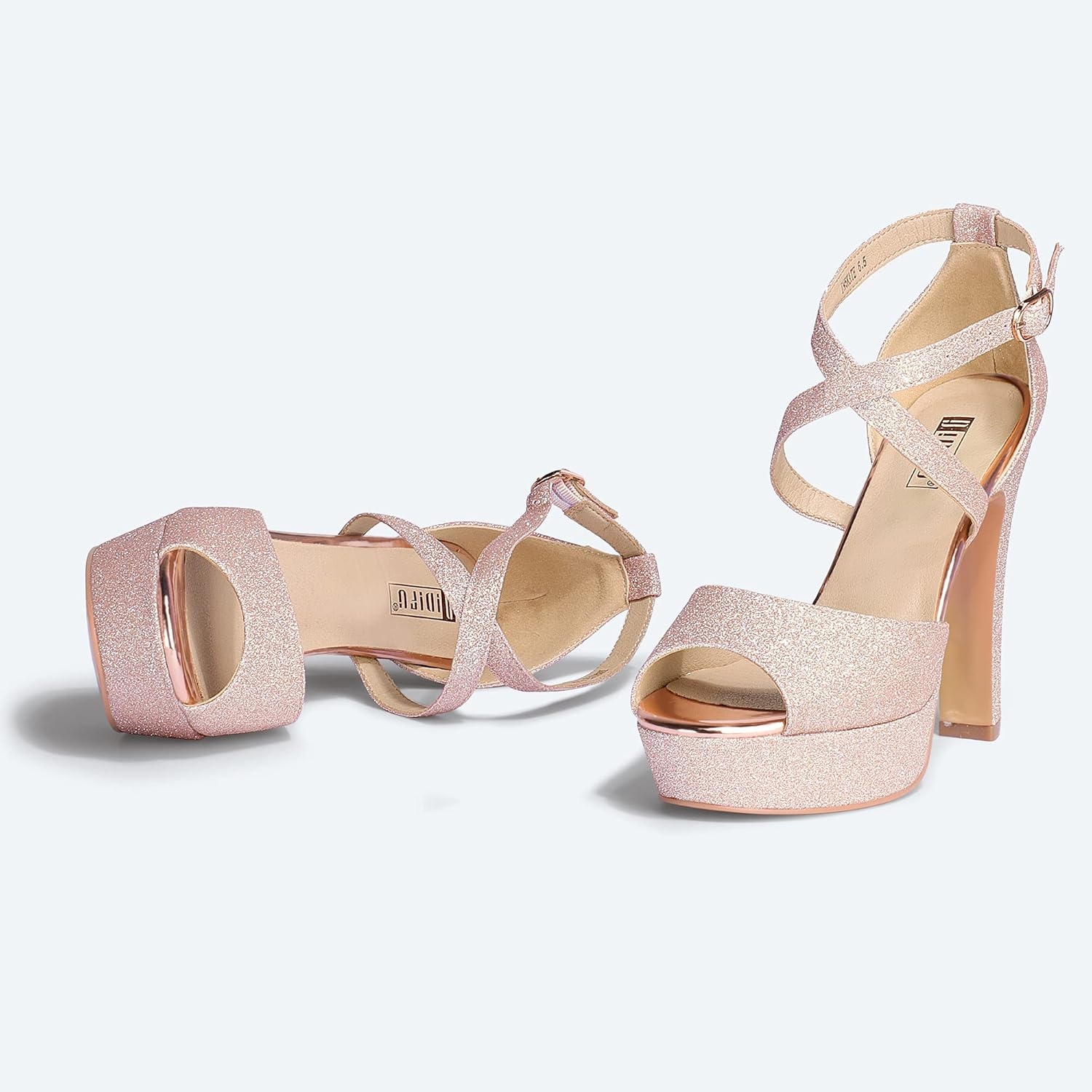 image:imageIDIFU Womens Platform Chunky High Heels Dress Sandals Peep Toe Ankle Strap Wedding Party Evening Shoes for Women BrideK Rose Gold Shiny
