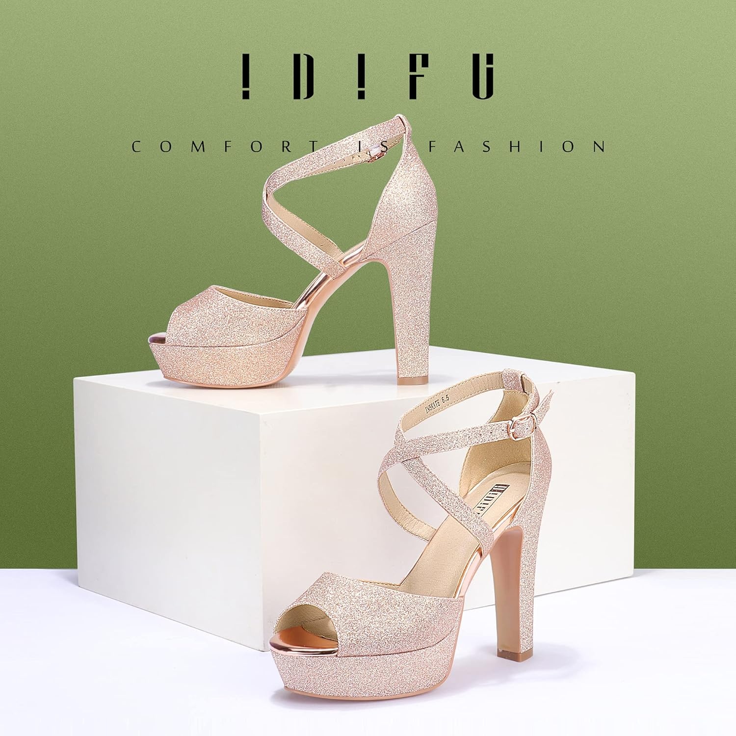image:imageIDIFU Womens Platform Chunky High Heels Dress Sandals Peep Toe Ankle Strap Wedding Party Evening Shoes for Women BrideK Rose Gold Shiny