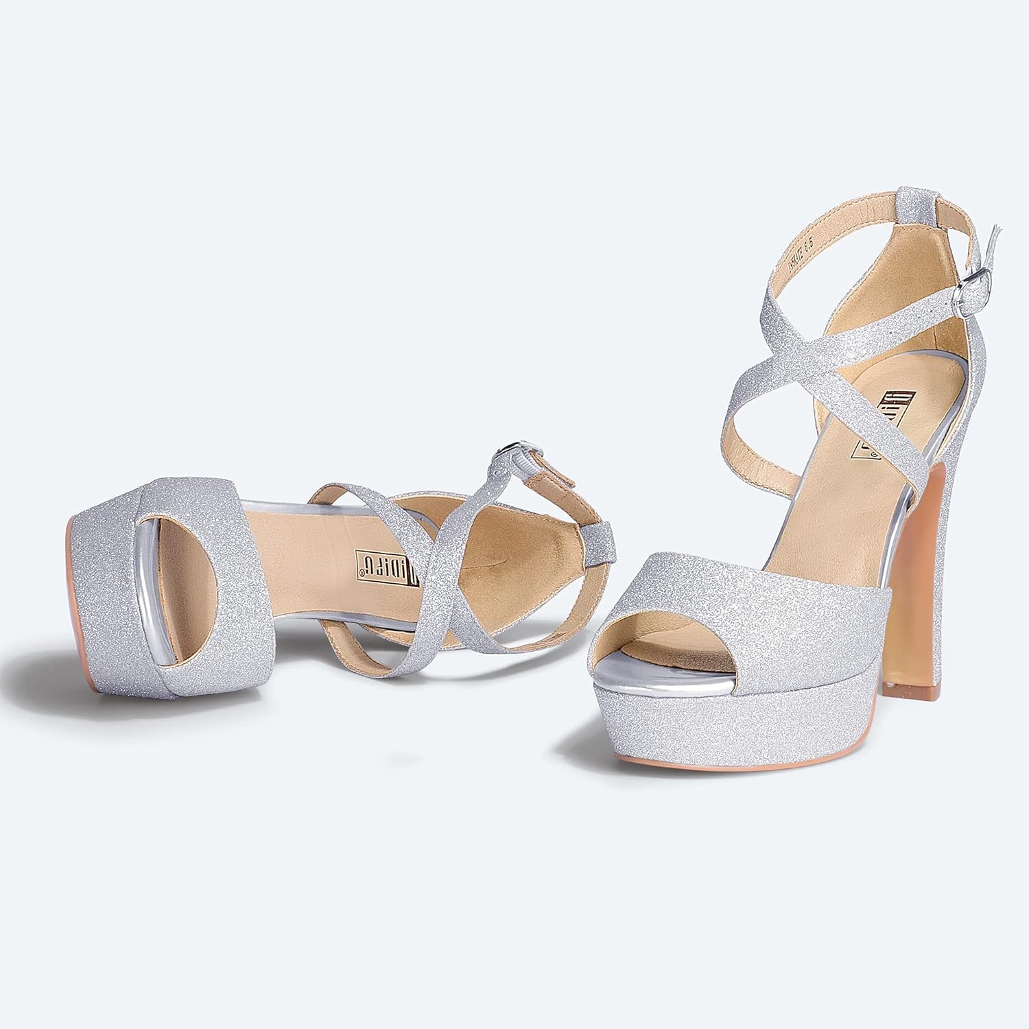 image:imageIDIFU Womens Platform Chunky High Heels Dress Sandals Peep Toe Ankle Strap Wedding Party Evening Shoes for Women BrideK Silver Shiny