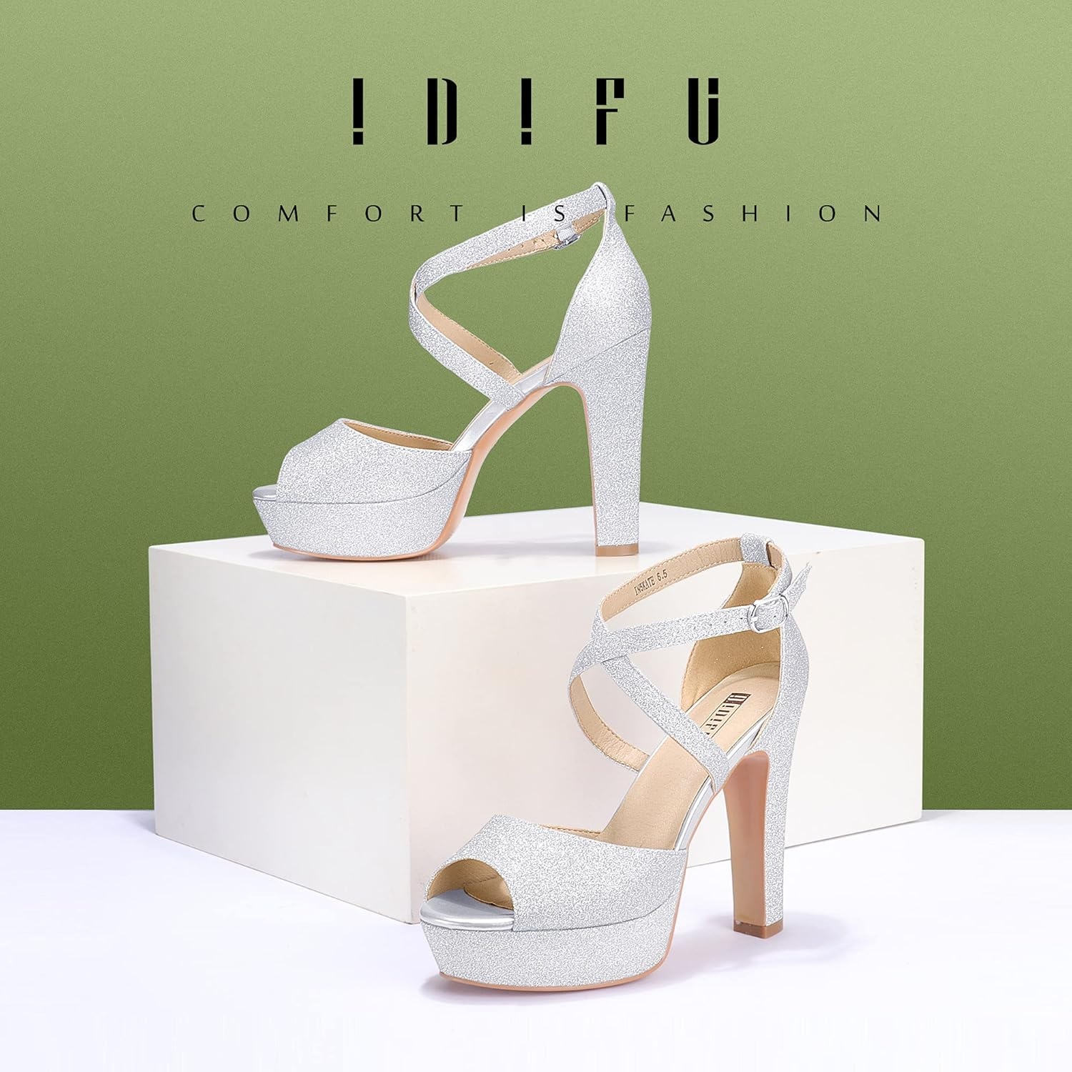 image:imageIDIFU Womens Platform Chunky High Heels Dress Sandals Peep Toe Ankle Strap Wedding Party Evening Shoes for Women BrideK Silver Shiny