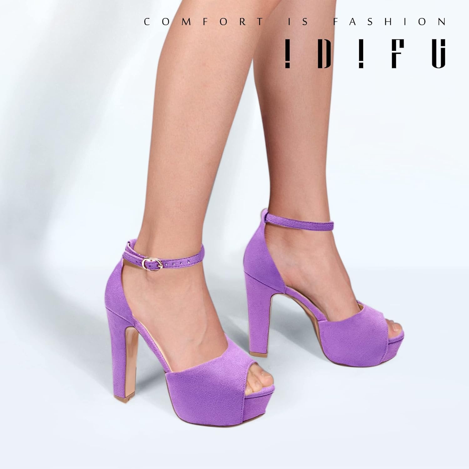 image:imageIDIFU Womens Platform Chunky High Heels Dress Sandals Peep Toe Ankle Strap Wedding Party Evening Shoes for Women BrideLilac Suede