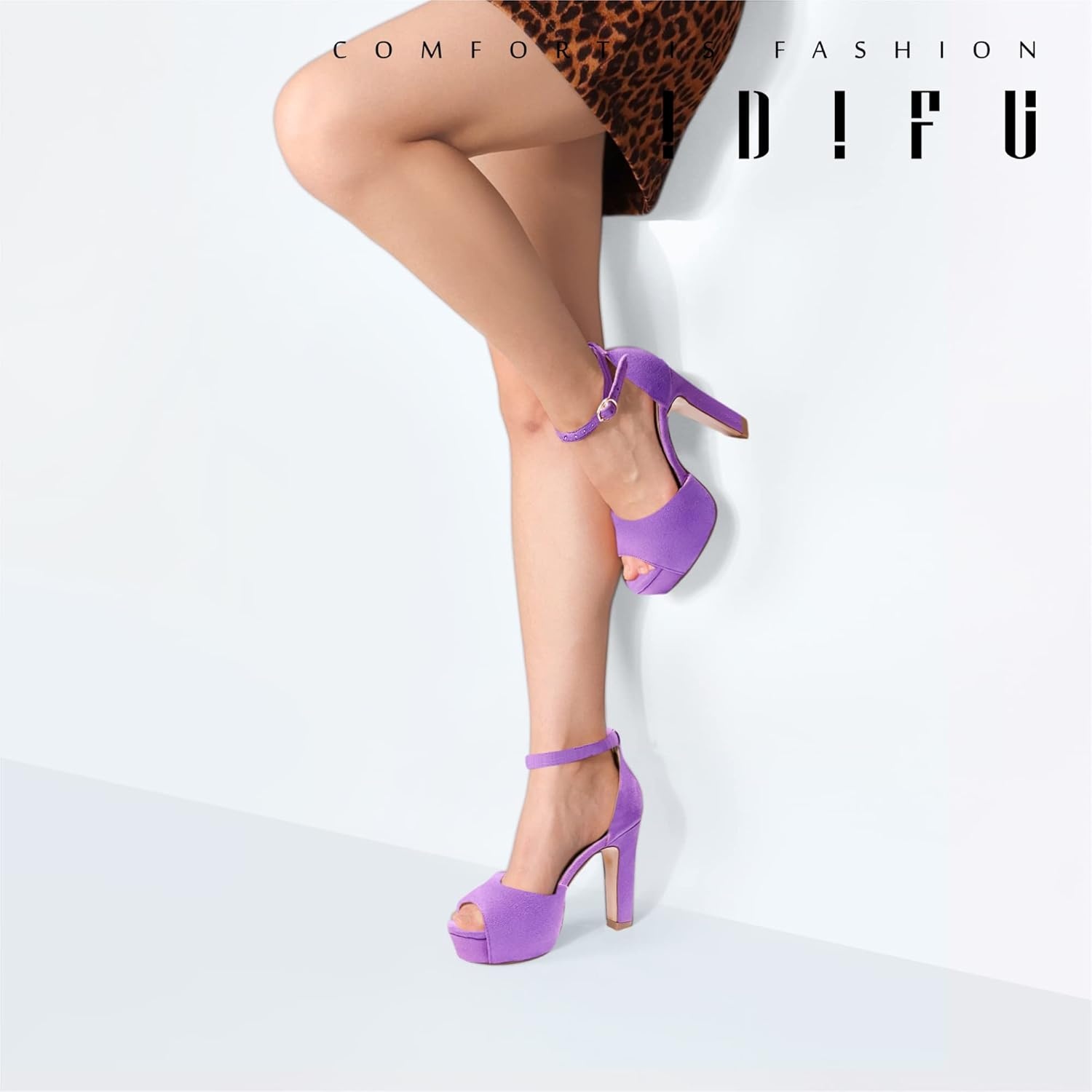 image:imageIDIFU Womens Platform Chunky High Heels Dress Sandals Peep Toe Ankle Strap Wedding Party Evening Shoes for Women BrideLilac Suede