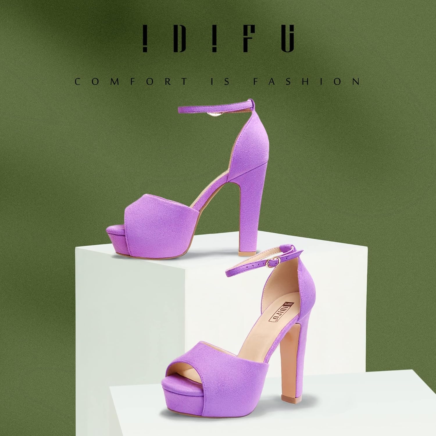image:imageIDIFU Womens Platform Chunky High Heels Dress Sandals Peep Toe Ankle Strap Wedding Party Evening Shoes for Women BrideLilac Suede
