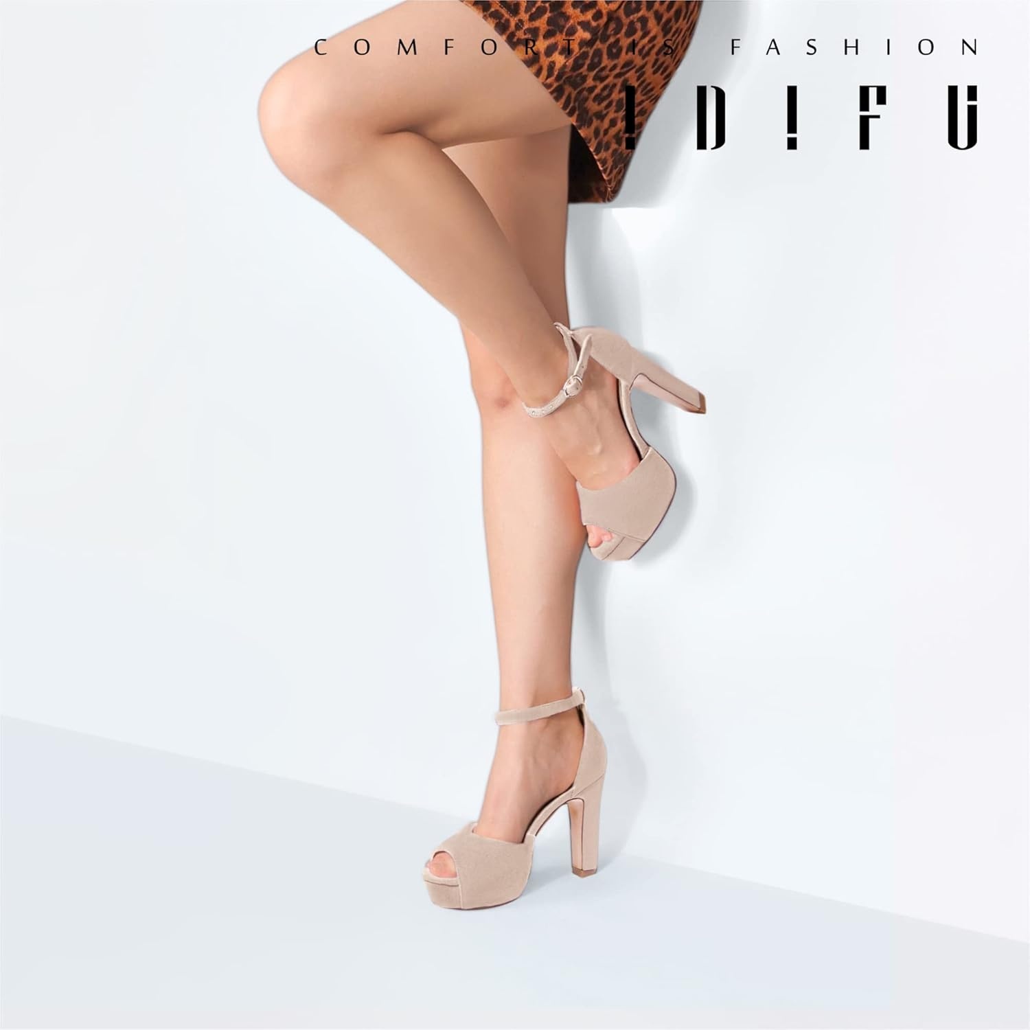 image:imageIDIFU Womens Platform Chunky High Heels Dress Sandals Peep Toe Ankle Strap Wedding Party Evening Shoes for Women BrideNude Suede