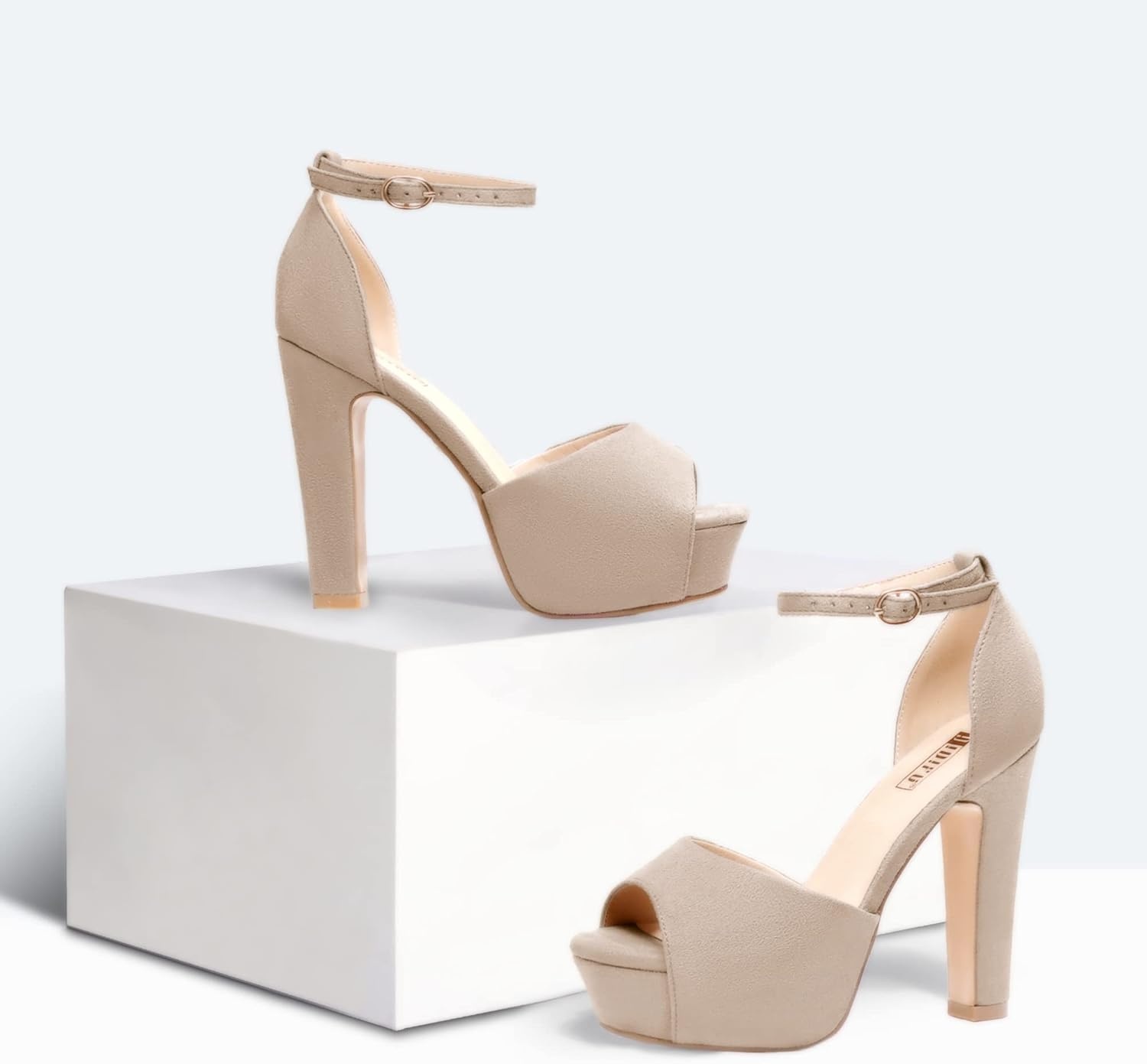 image:imageIDIFU Womens Platform Chunky High Heels Dress Sandals Peep Toe Ankle Strap Wedding Party Evening Shoes for Women BrideNude Suede