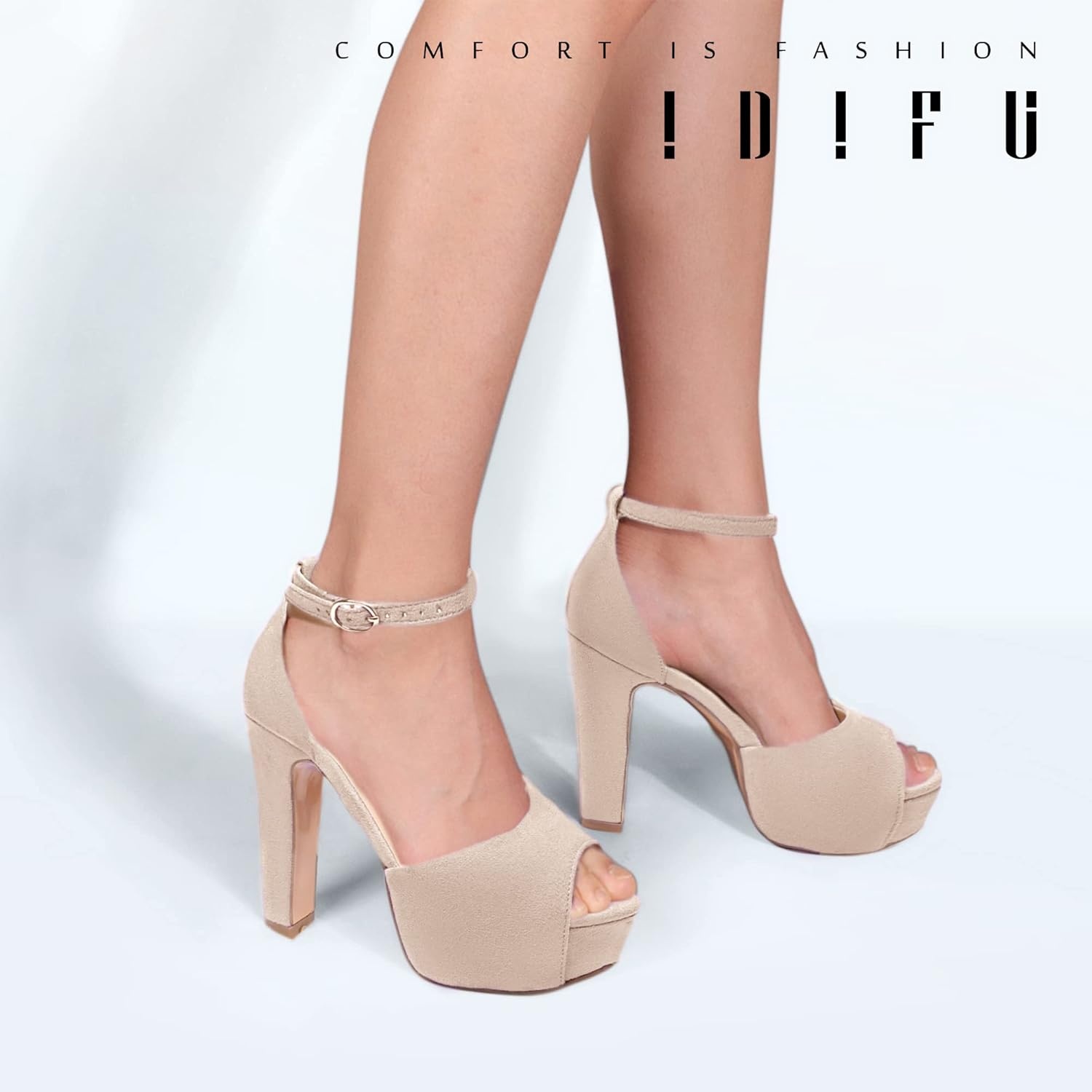 image:imageIDIFU Womens Platform Chunky High Heels Dress Sandals Peep Toe Ankle Strap Wedding Party Evening Shoes for Women BrideNude Suede