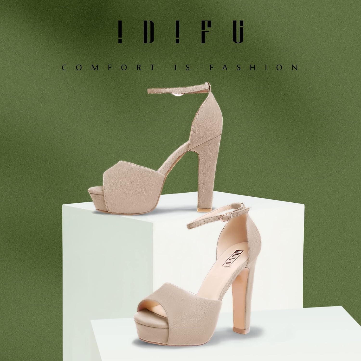 image:imageIDIFU Womens Platform Chunky High Heels Dress Sandals Peep Toe Ankle Strap Wedding Party Evening Shoes for Women BrideNude Suede