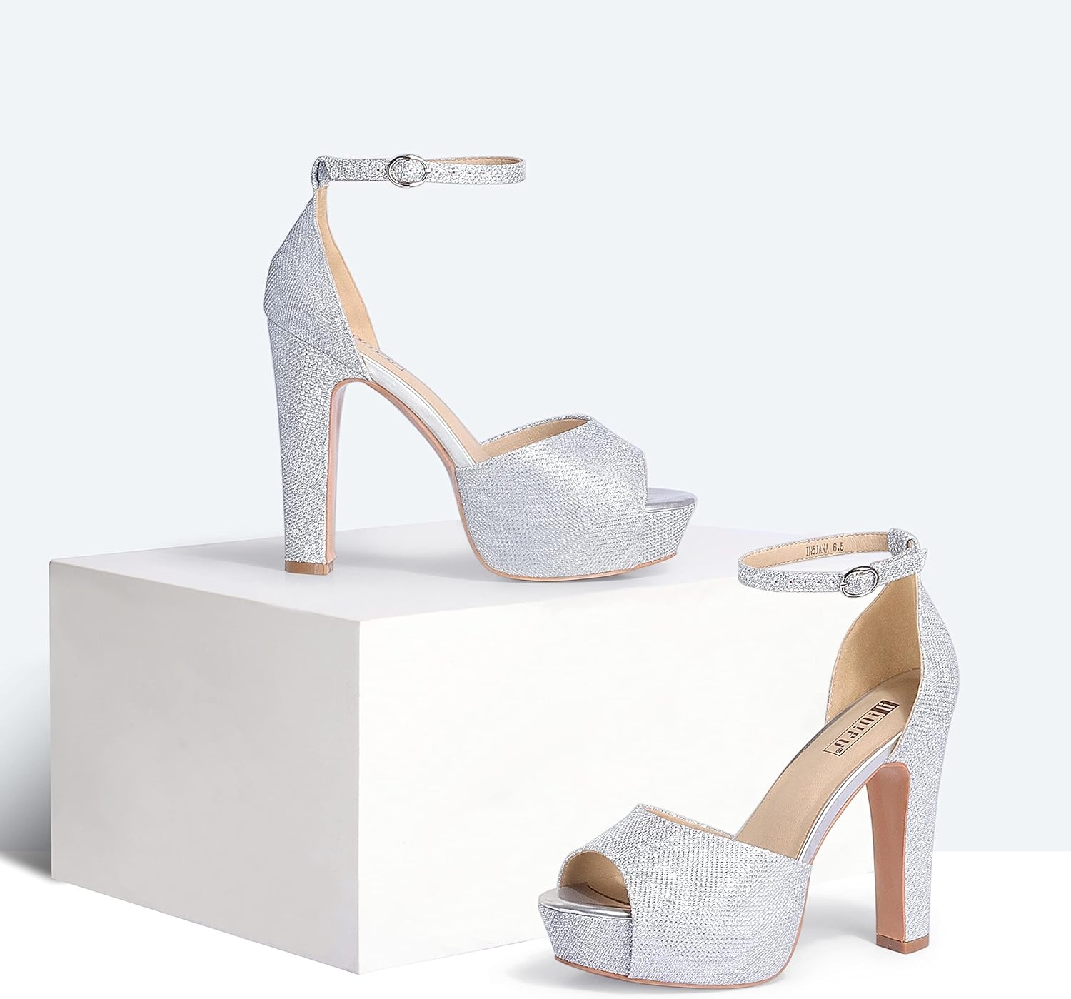 image:imageIDIFU Womens Platform Chunky High Heels Dress Sandals Peep Toe Ankle Strap Wedding Party Evening Shoes for Women BrideSilver Glitter