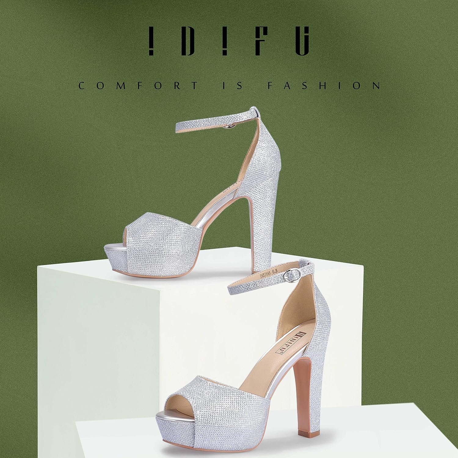 image:imageIDIFU Womens Platform Chunky High Heels Dress Sandals Peep Toe Ankle Strap Wedding Party Evening Shoes for Women BrideSilver Glitter