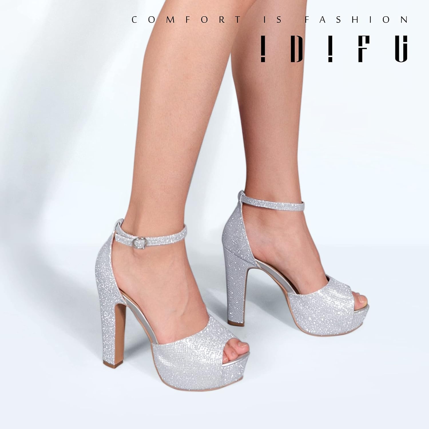 image:imageIDIFU Womens Platform Chunky High Heels Dress Sandals Peep Toe Ankle Strap Wedding Party Evening Shoes for Women BrideSilver Glitter