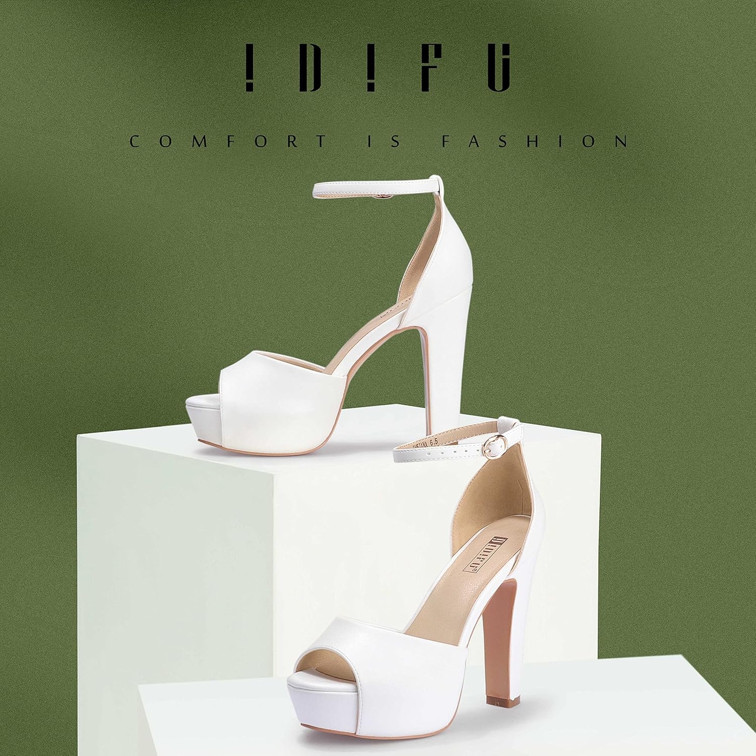 image:imageIDIFU Womens Platform Chunky High Heels Dress Sandals Peep Toe Ankle Strap Wedding Party Evening Shoes for Women BrideWhite Pu