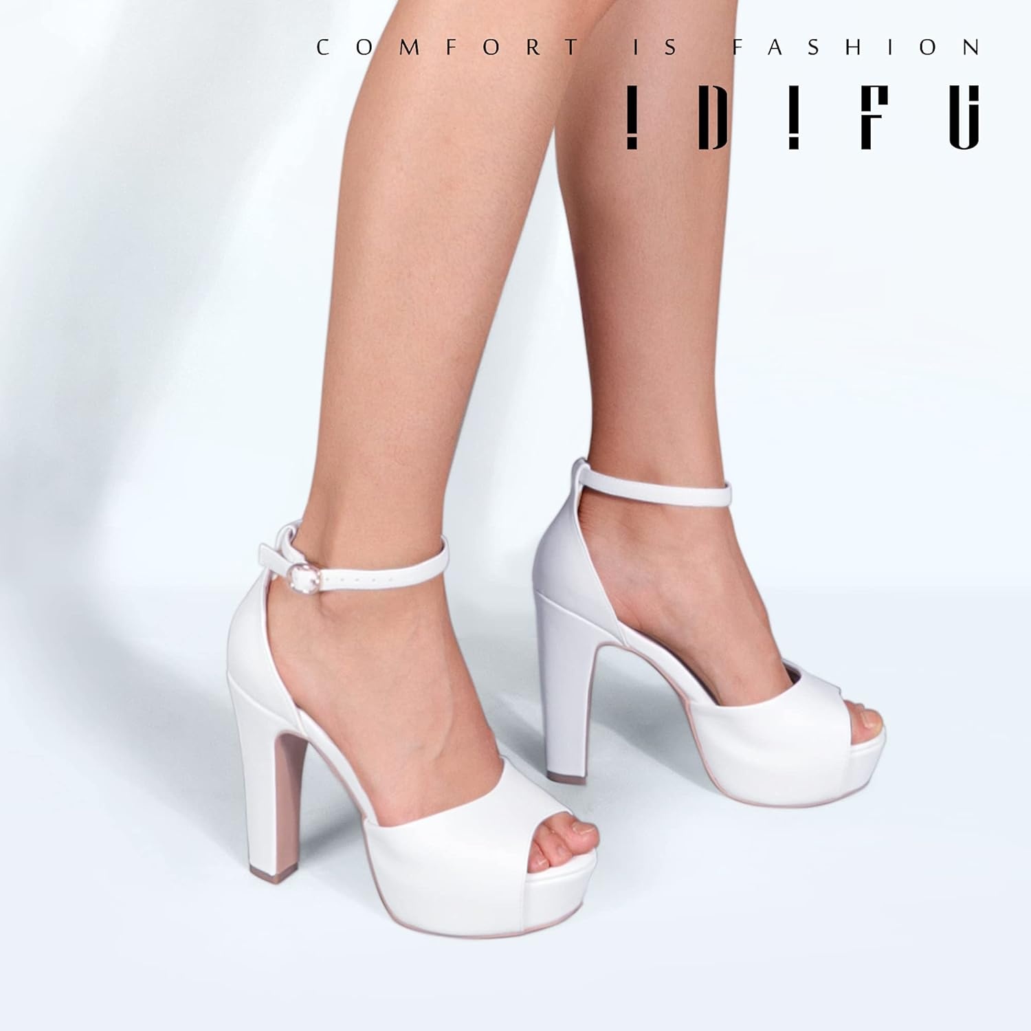 image:imageIDIFU Womens Platform Chunky High Heels Dress Sandals Peep Toe Ankle Strap Wedding Party Evening Shoes for Women BrideWhite Pu