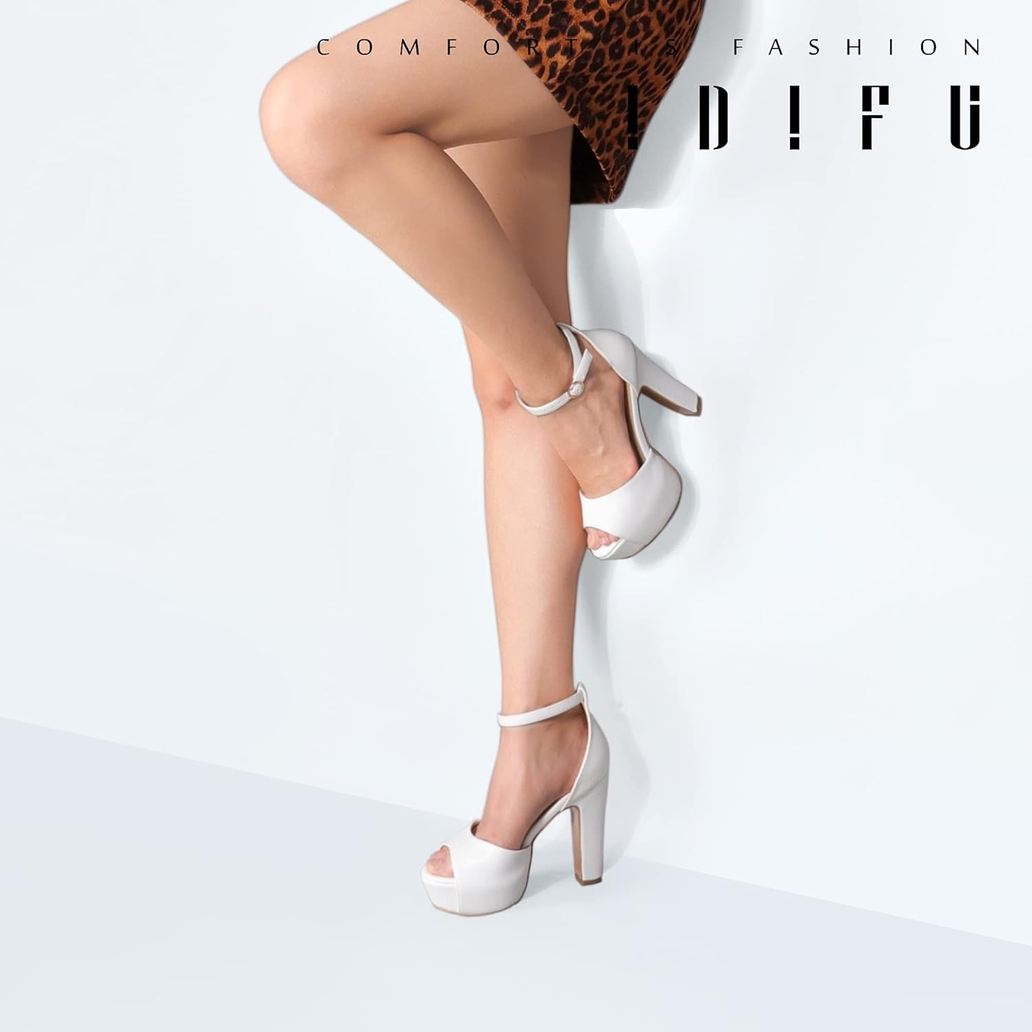 image:imageIDIFU Womens Platform Chunky High Heels Dress Sandals Peep Toe Ankle Strap Wedding Party Evening Shoes for Women BrideWhite Pu