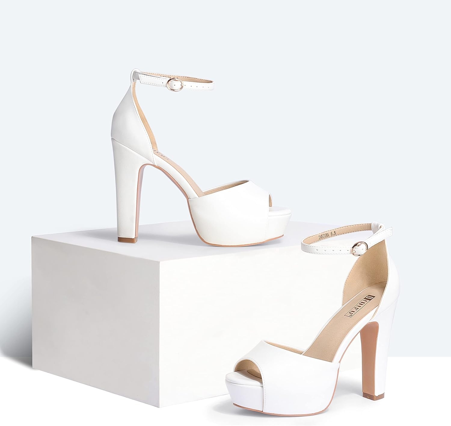 image:imageIDIFU Womens Platform Chunky High Heels Dress Sandals Peep Toe Ankle Strap Wedding Party Evening Shoes for Women BrideWhite Pu