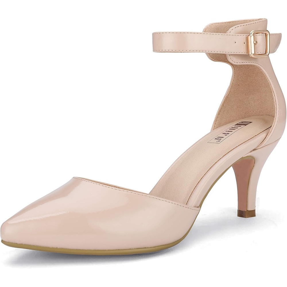 image:imageIDIFU Womens IN3 DOrsay Pumps Low Kitten Heels for Women Dress Shoes Pointed Closed Toe Wedding Bride Ankle Strap Dressy Silver Black Nude White Gold Heels for WomenNude Patent