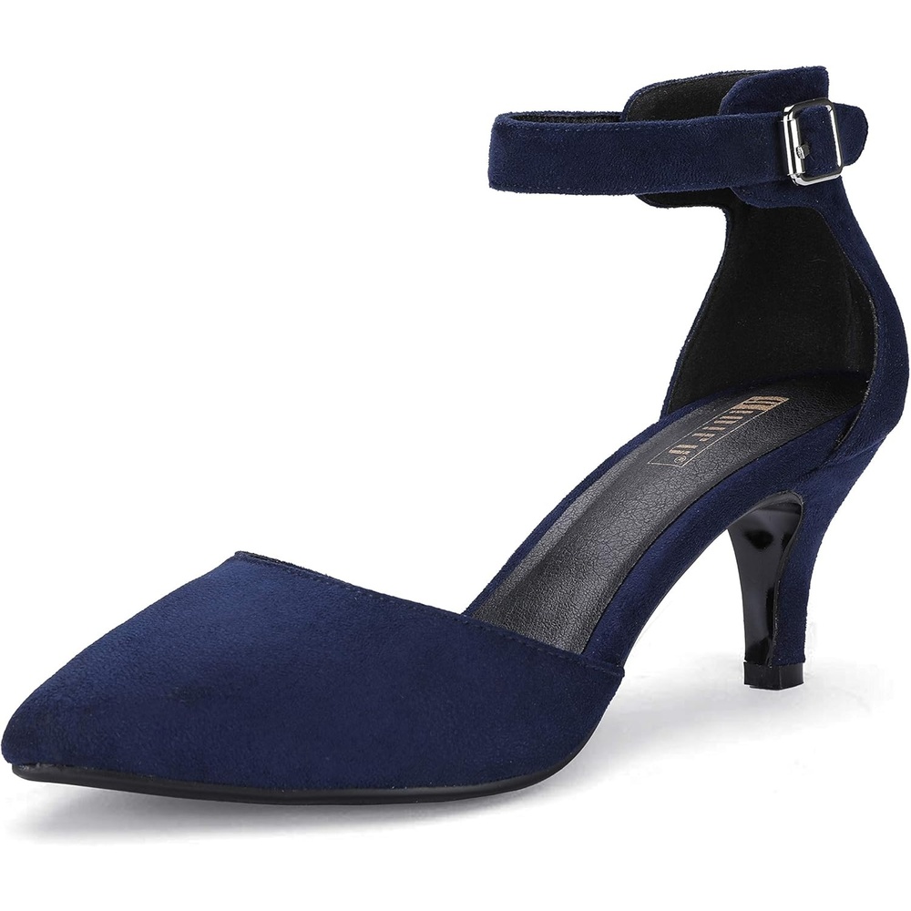 image:imageIDIFU Womens IN3 DOrsay Pumps Low Kitten Heels for Women Dress Shoes Pointed Closed Toe Wedding Bride Ankle Strap Dressy Silver Black Nude White Gold Heels for WomenBlue Suede