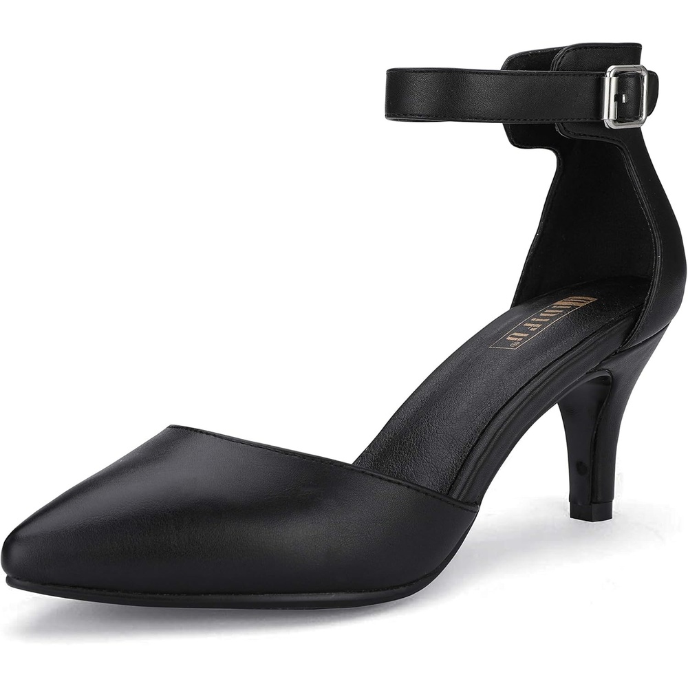 image:imageIDIFU Womens IN3 DOrsay Pumps Low Kitten Heels for Women Dress Shoes Pointed Closed Toe Wedding Bride Ankle Strap Dressy Silver Black Nude White Gold Heels for WomenBlack Pu