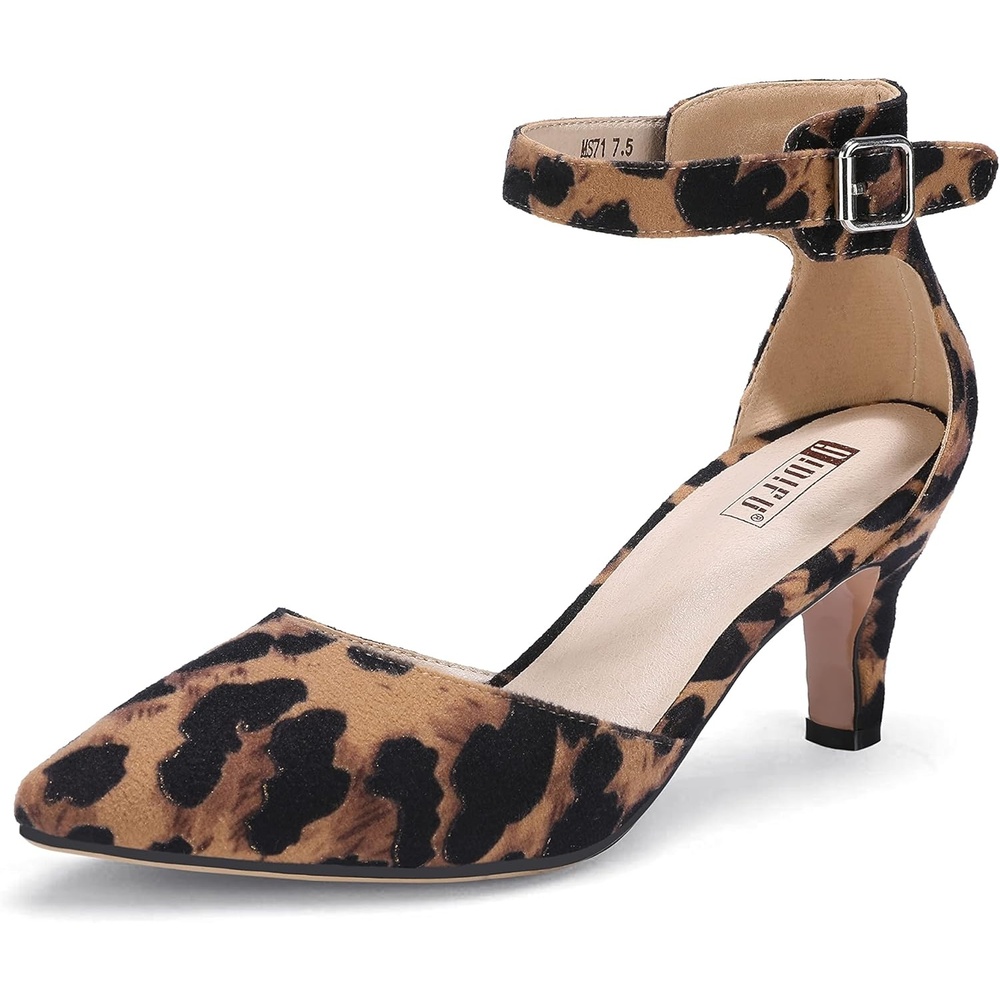 image:imageIDIFU Womens IN3 DOrsay Pumps Low Kitten Heels for Women Dress Shoes Pointed Closed Toe Wedding Bride Ankle Strap Dressy Silver Black Nude White Gold Heels for WomenLeopard Suede