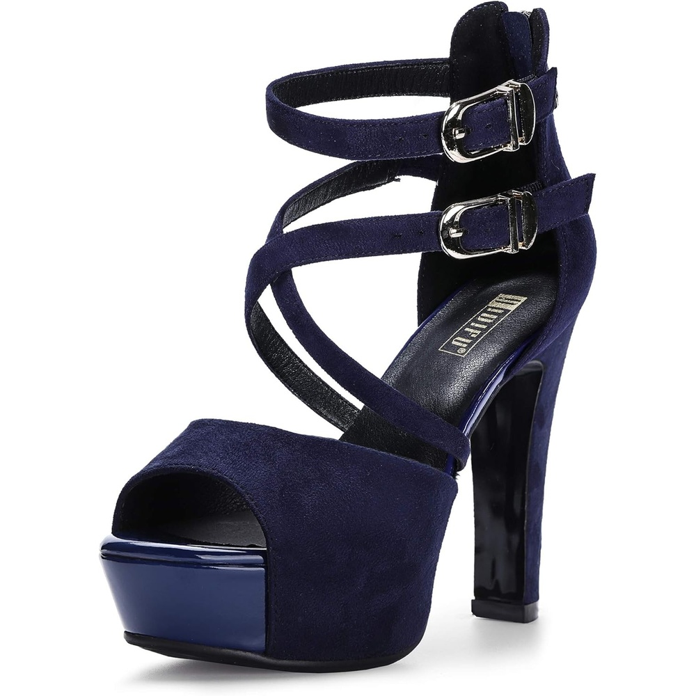 image:imageIDIFU Womens IN5 Charcy Crisscross Strappy Platform High Chunky Heels Peep Toe Pump Party Heeled SandalsBlue Suede