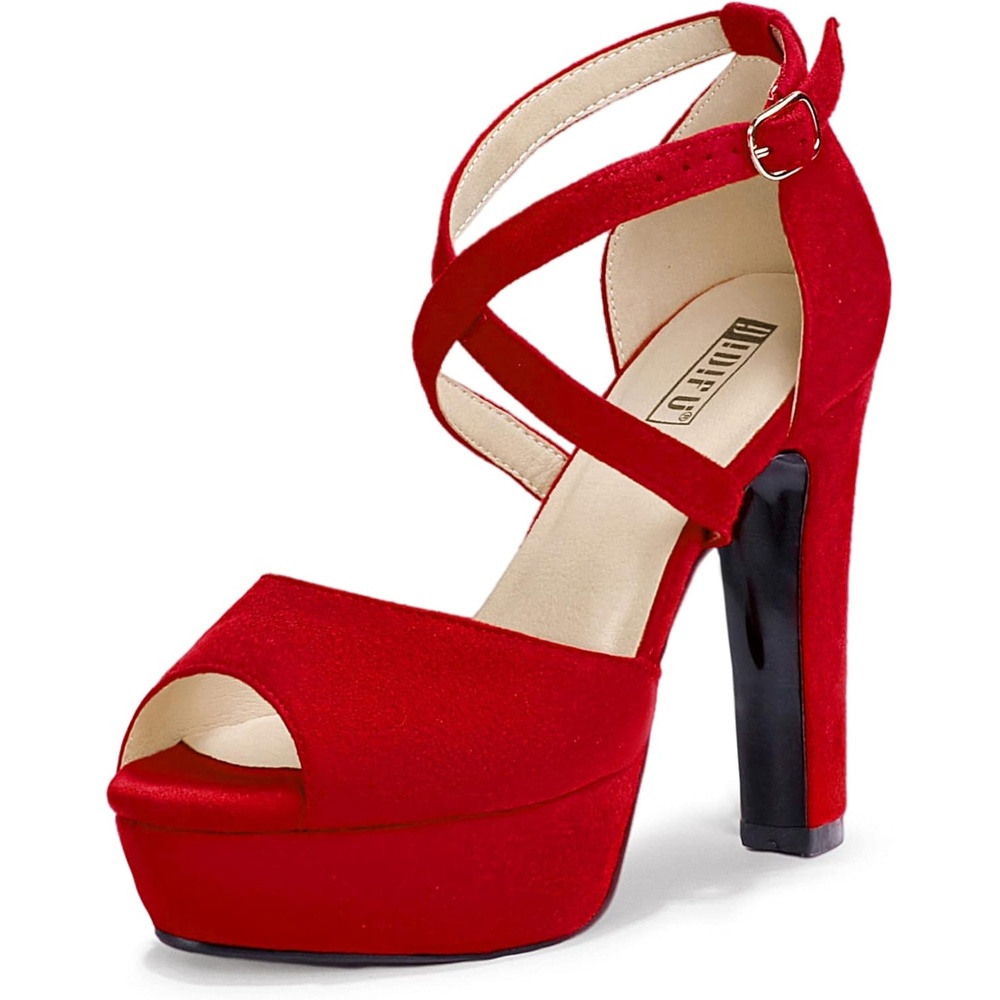 image:imageIDIFU Womens Platform Chunky High Heels Dress Sandals Peep Toe Ankle Strap Wedding Party Evening Shoes for Women BrideK Red Suede