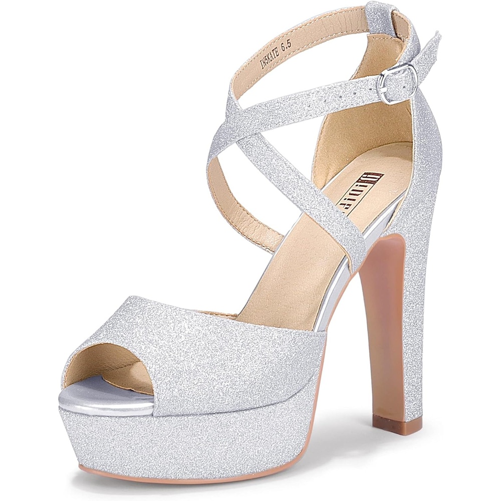 image:imageIDIFU Womens Platform Chunky High Heels Dress Sandals Peep Toe Ankle Strap Wedding Party Evening Shoes for Women BrideK Silver Shiny