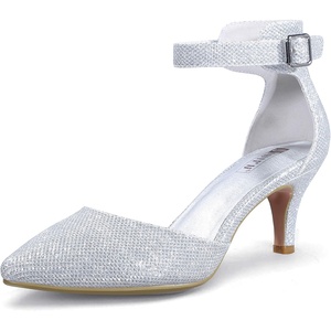 image:imageIDIFU Womens IN3 DOrsay Pumps Low Kitten Heels for Women Dress Shoes Pointed Closed Toe Wedding Bride Ankle Strap Dressy Silver Black Nude White Gold Heels for WomenSilver Glitter
