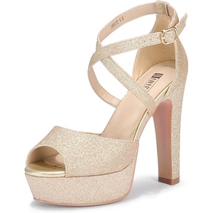 image:imageIDIFU Womens Platform Chunky High Heels Dress Sandals Peep Toe Ankle Strap Wedding Party Evening Shoes for Women BrideK Gold Shiny