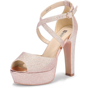 image:imageIDIFU Womens Platform Chunky High Heels Dress Sandals Peep Toe Ankle Strap Wedding Party Evening Shoes for Women BrideK Rose Gold Shiny
