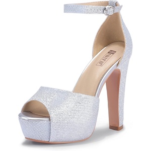 image:imageIDIFU Womens Platform Chunky High Heels Dress Sandals Peep Toe Ankle Strap Wedding Party Evening Shoes for Women BrideSilver Glitter